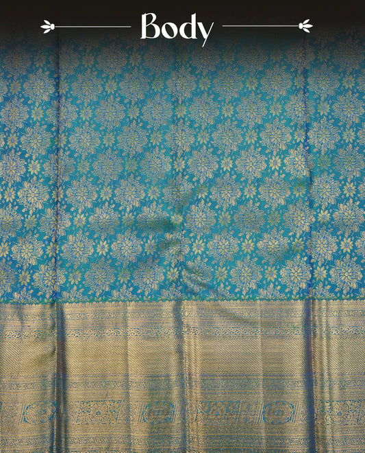 Green & Blue Dual Colour Pure Kancheepuram Silk Saree Featuring Gold Zari Floral  Pattern  on the Body, Highlighting a Traditional Gold Zari Border, Paired with a Matching Blouse Piece.