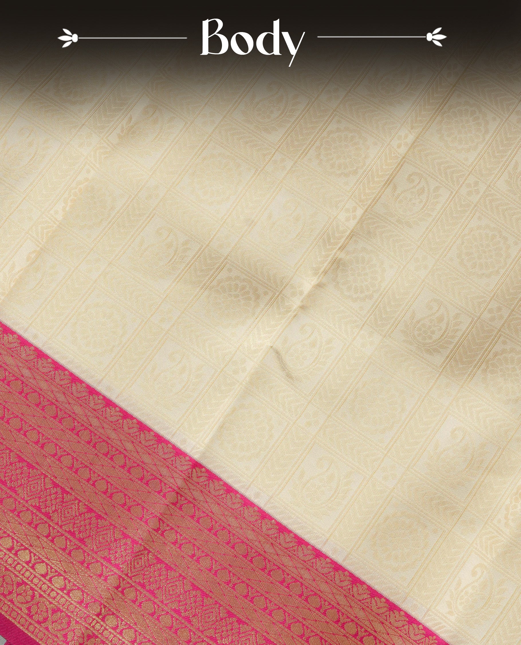 Cream Colour Semi Soft Silk Saree Featuring Gold zari Check With motifs Pattern On Body, Highlighted  by contrast Mauve border with Gold zari, paired with matching blouse piece.