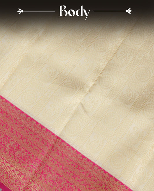 Cream Colour Semi Soft Silk Saree Featuring Gold zari Check With motifs Pattern On Body, Highlighted  by contrast Mauve border with Gold zari, paired with matching blouse piece.