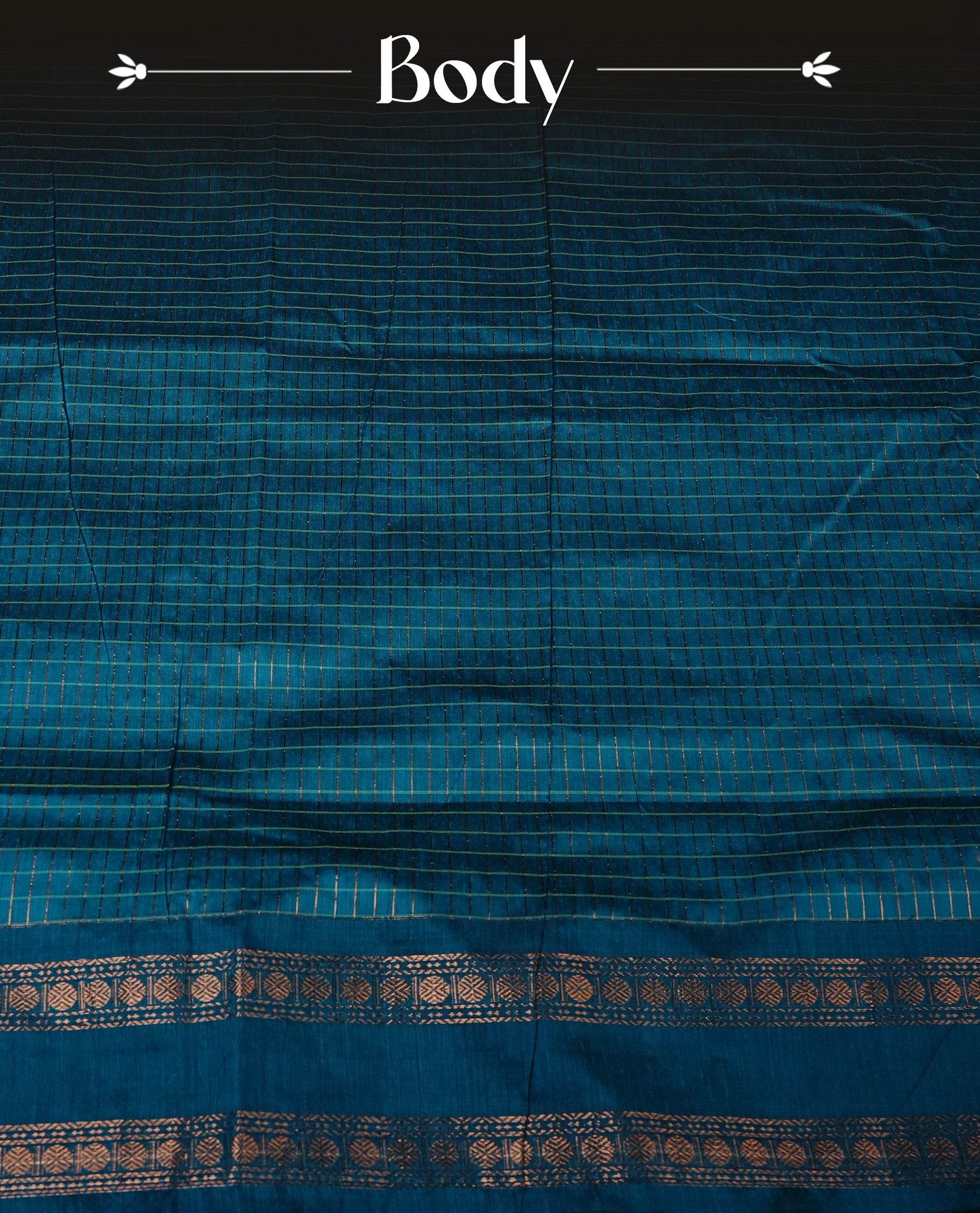 Peacock Blue colour Kalyani cotton saree featuring Gold zari checks on body, enhanced with zari border and grand zari pallu, comes with self colour blouse piece.