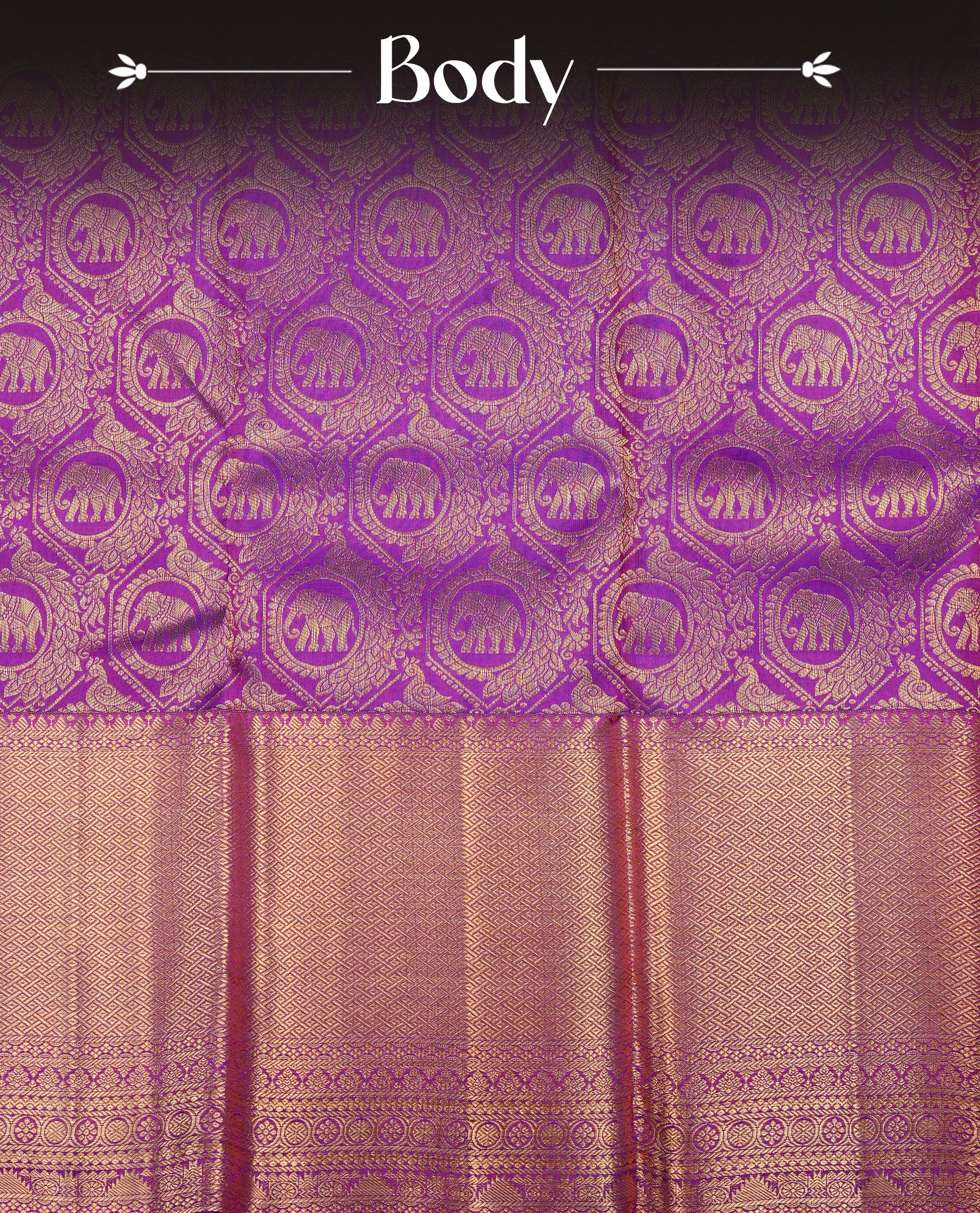 Violet Colour Pure Kancheepuram Silk Saree Featuring Gold Zari Elephant and Peacock In a Circle  Pattern on the Body, Highlighting a Traditional Gold Zari Border, Paired with a Matching Blouse Piece.