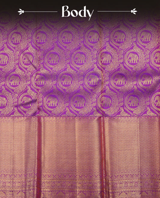 Violet Colour Pure Kancheepuram Silk Saree Featuring Gold Zari Elephant and Peacock In a Circle  Pattern on the Body, Highlighting a Traditional Gold Zari Border, Paired with a Matching Blouse Piece.