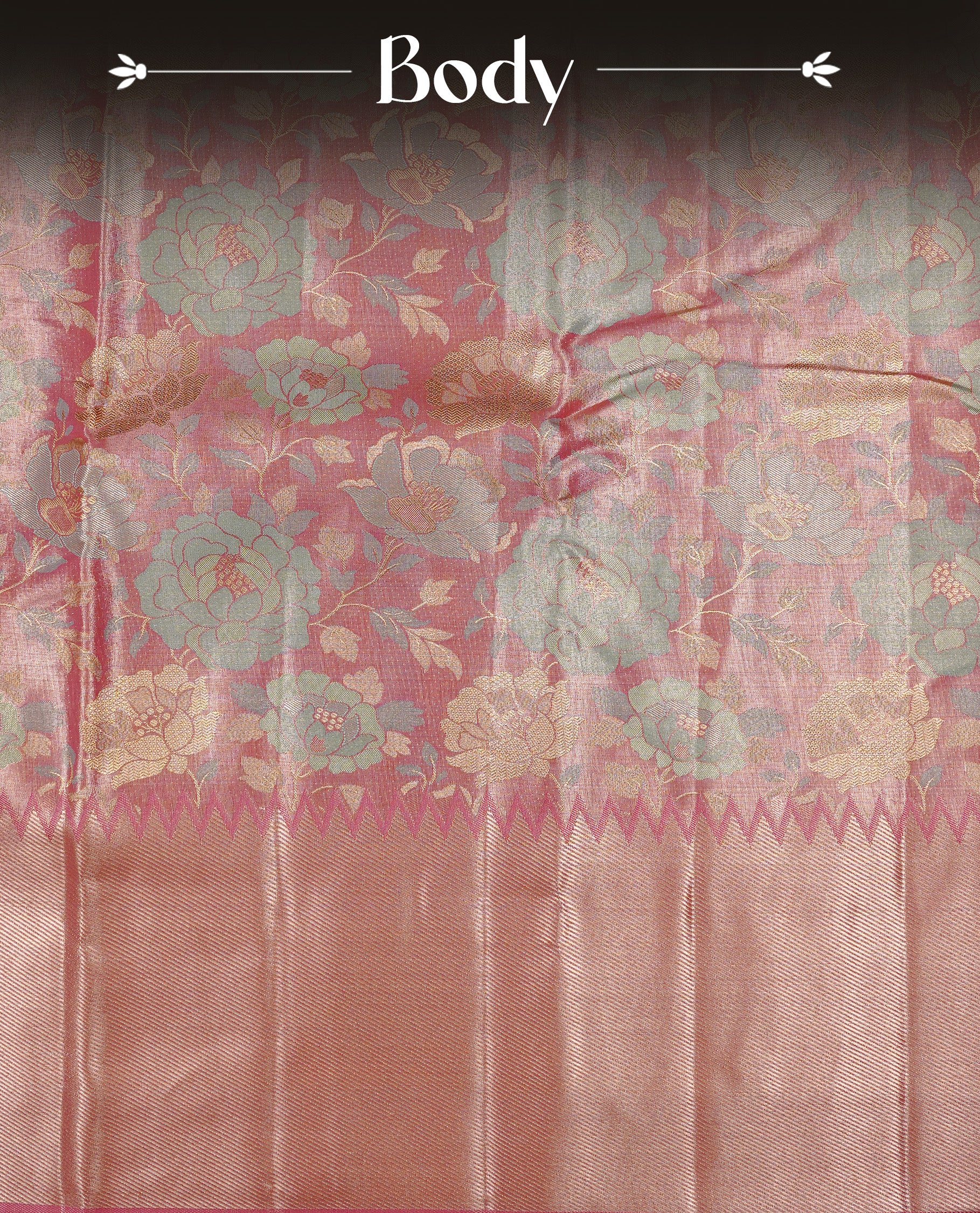 Pink colour Tissue saree featuirng Aqua, Gold, silver zari Scales design on body, complemented by traditional border on self colour, paired with matching blouse piece.