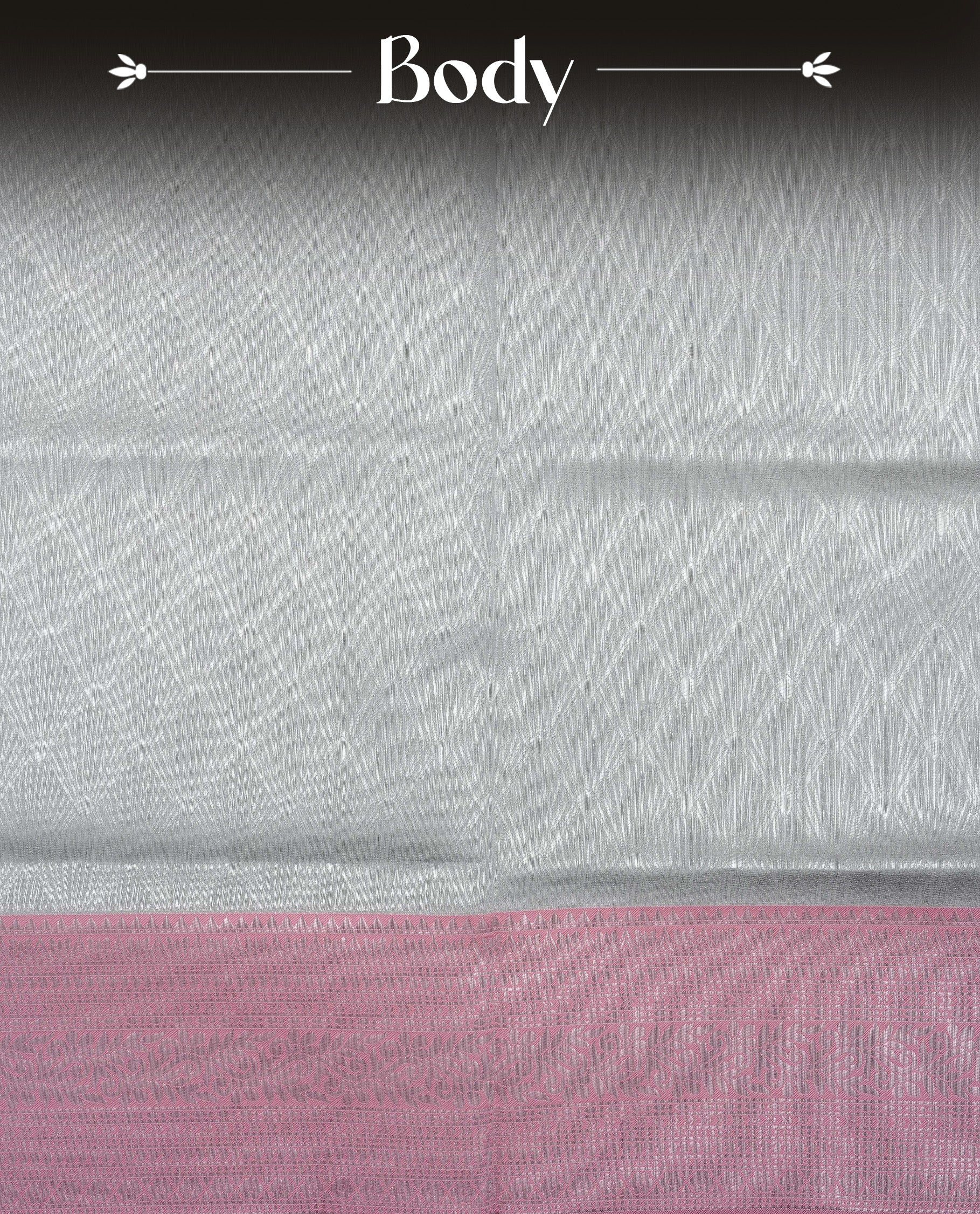 Grey colour semi silk saree featuring Silver zari Design pattern on body, complemented by contrast Pink colour with silver zari border, comes with matching blouse piece