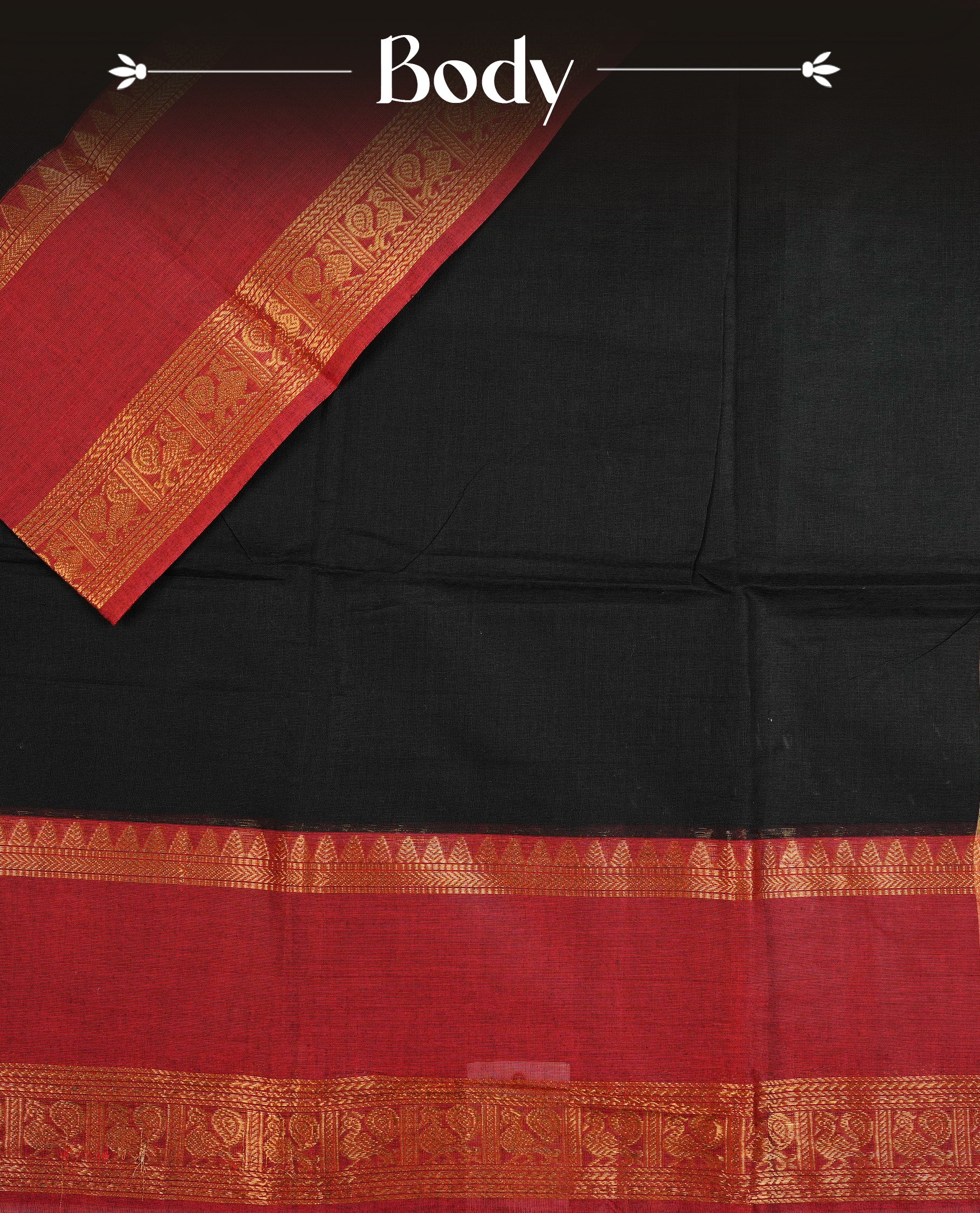 Black colour chettinad cotton saree featuring  a Plain  body, complemented by Contrast  Red Colour With Gold Zari border, paired with matching blouse piece.