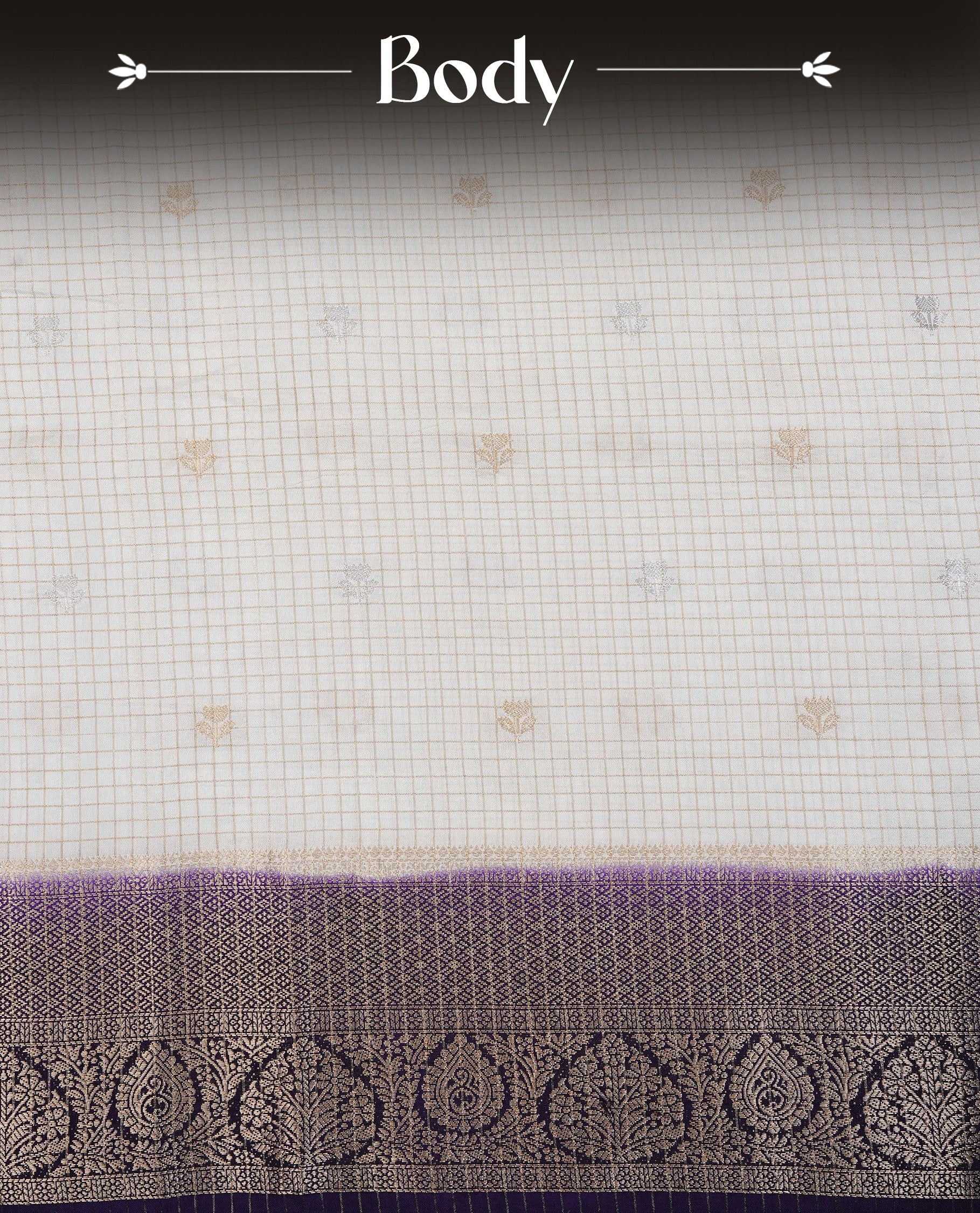 Semi Banaras Tussar Saree Featuring Gold Zari Check With Floral Pattern On Body , Burgundy Colour  With Gold Zari Border , Paired With  A Matching Blouse Piece.
