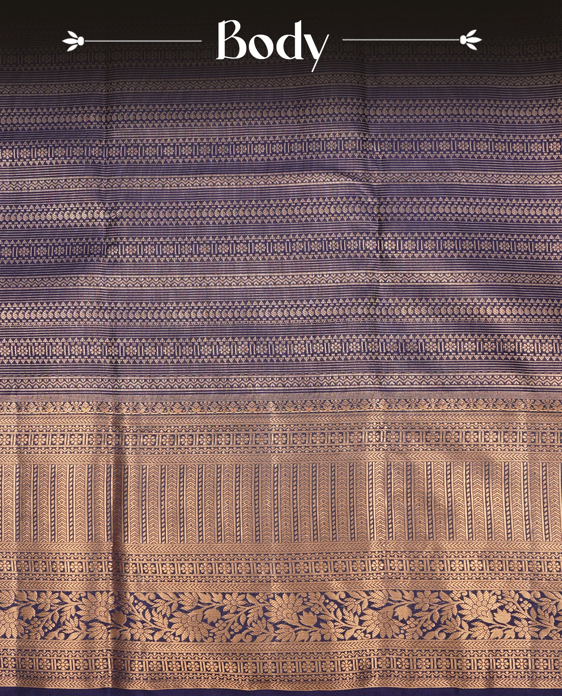 Navy Blue Semi Wedding Silk Saree featuring Gold Zari stripes with Motifs On body, Complemented with traditional zari with Self colour border, paired with matching blouse piece.