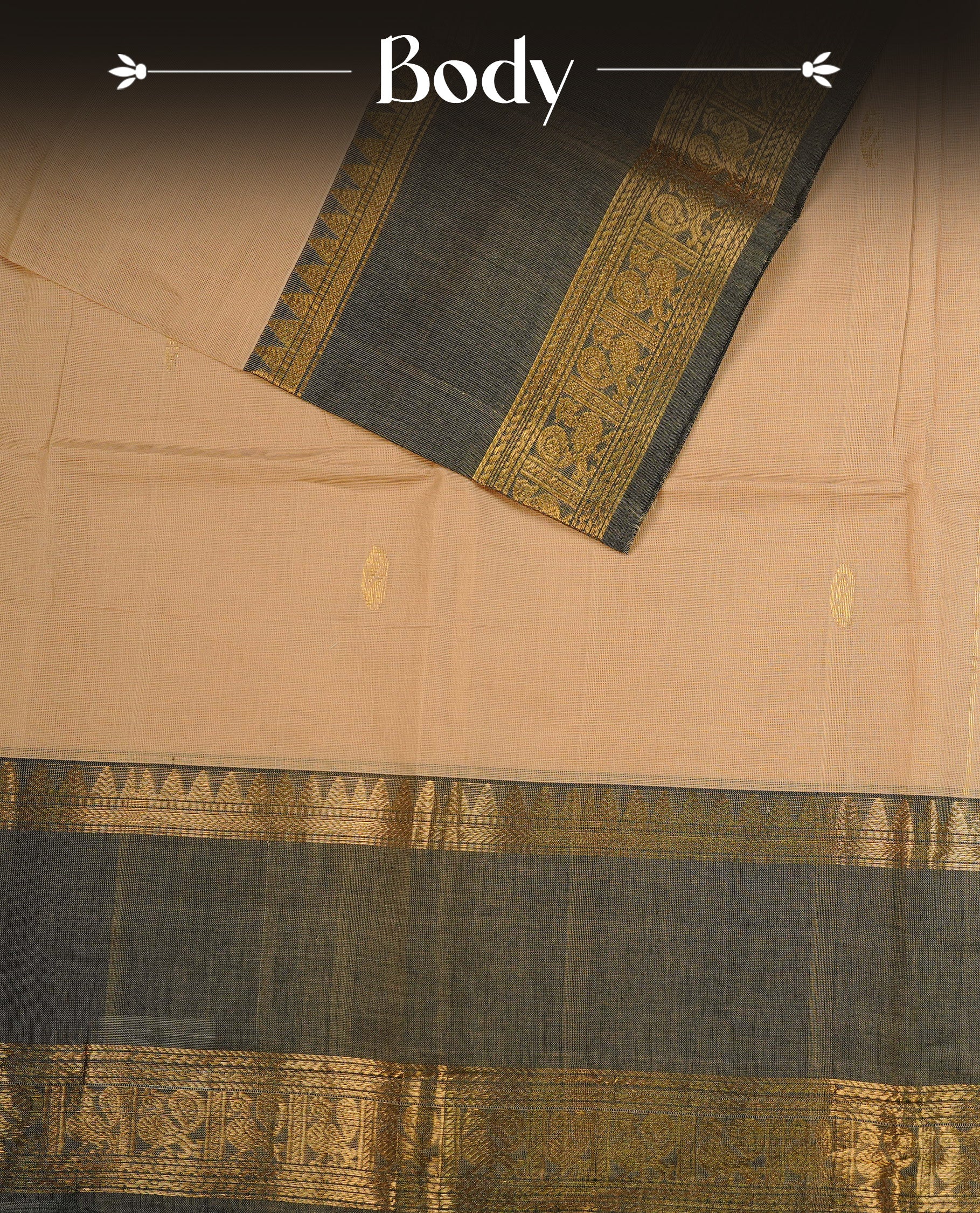 Cream colour chettinad cotton saree featuring Gold zari motifs on body, complemented by Grey with gold zari border, paired with matching blouse piece.