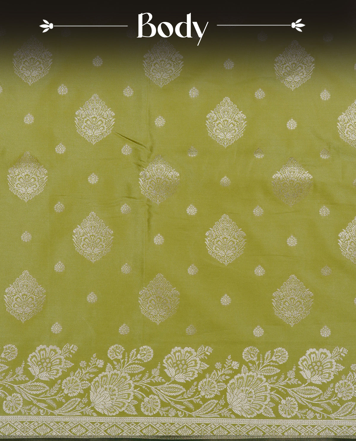 Olive colour Mulberry silk saree featuring light gold small buttas & big motifs onbody, complemented by self colour with Light gold zari floral Border, comes with matching blouse piece.