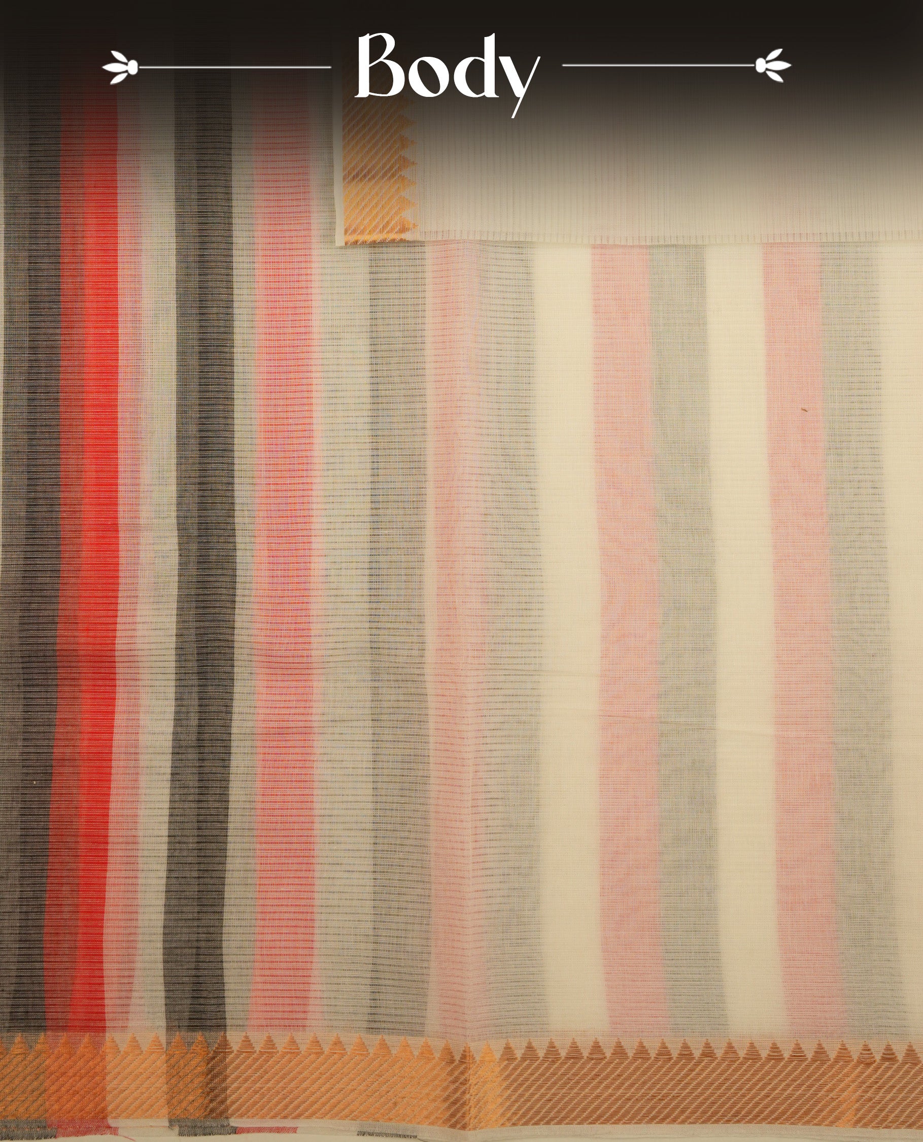 Black,White & Red Colour Mangalagiri Cotton Featuring Contrast stripes On Body, Complemented By Gold Zari border & Contrast Pallu ,Paired With Matching Blouse Piece.