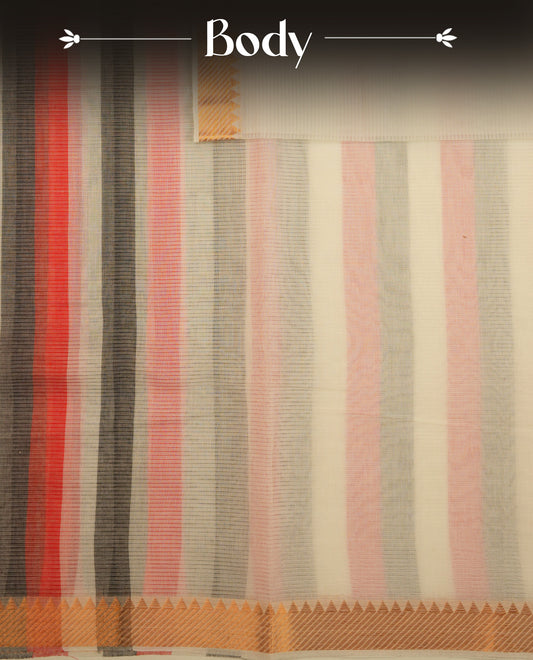 Black,White & Red Colour Mangalagiri Cotton Featuring Contrast stripes On Body, Complemented By Gold Zari border & Contrast Pallu ,Paired With Matching Blouse Piece.