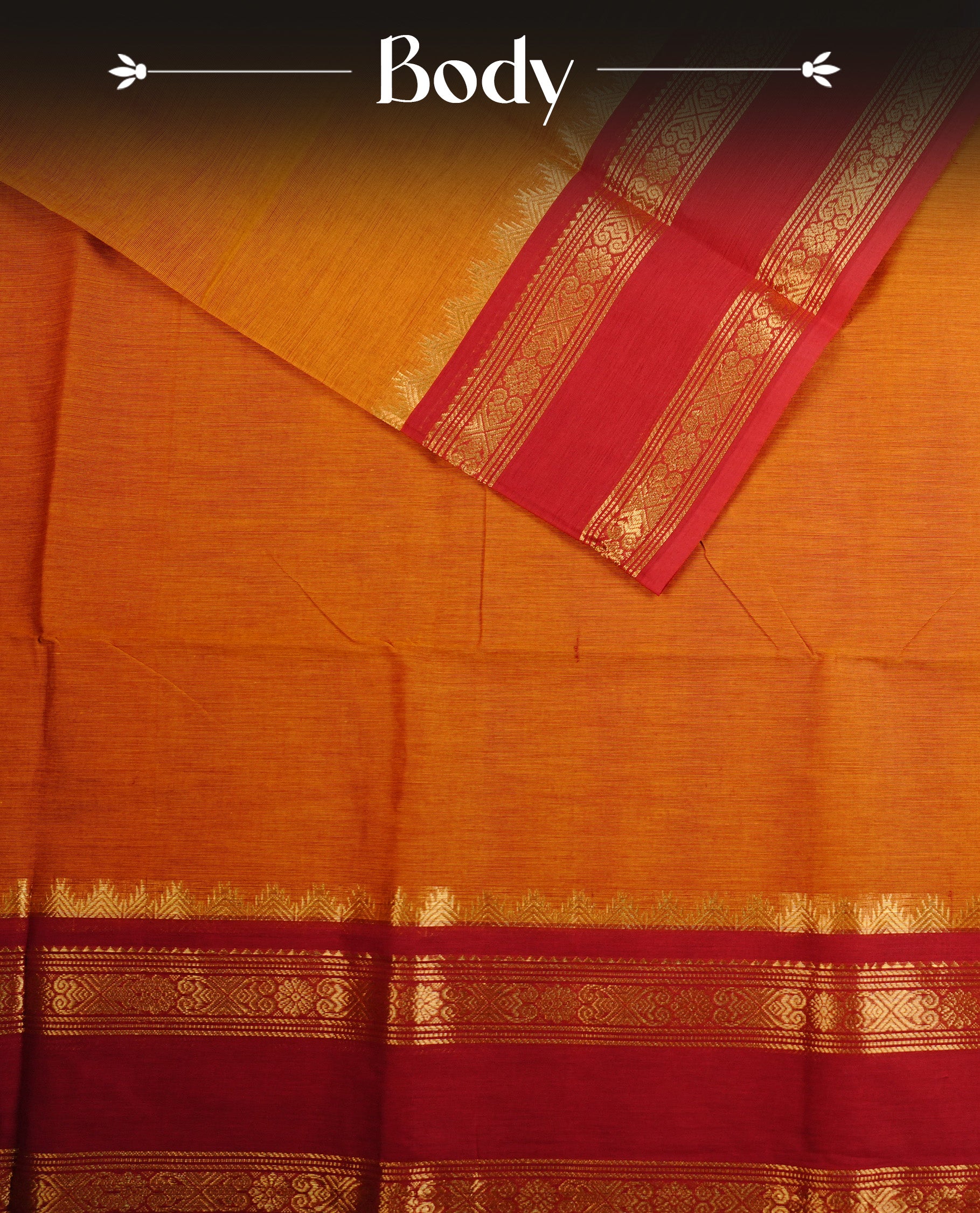 Burnt orange colour Chettinad cotton saree featuring Elegant palin body, complemented by contrast red colour With gold zari border, paired with matching blouse piece.