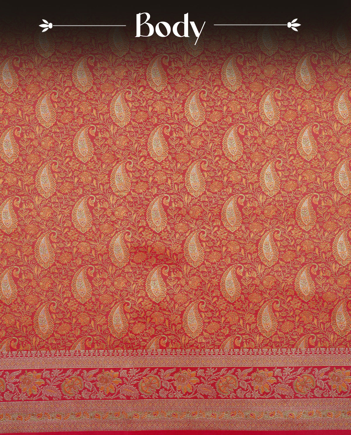 Maroon colour Mulberry silk saree featuring gold zari Mango & floral kodi pattern across body, complemented by self colour border with gold zari work, comes with matching blouse piece.