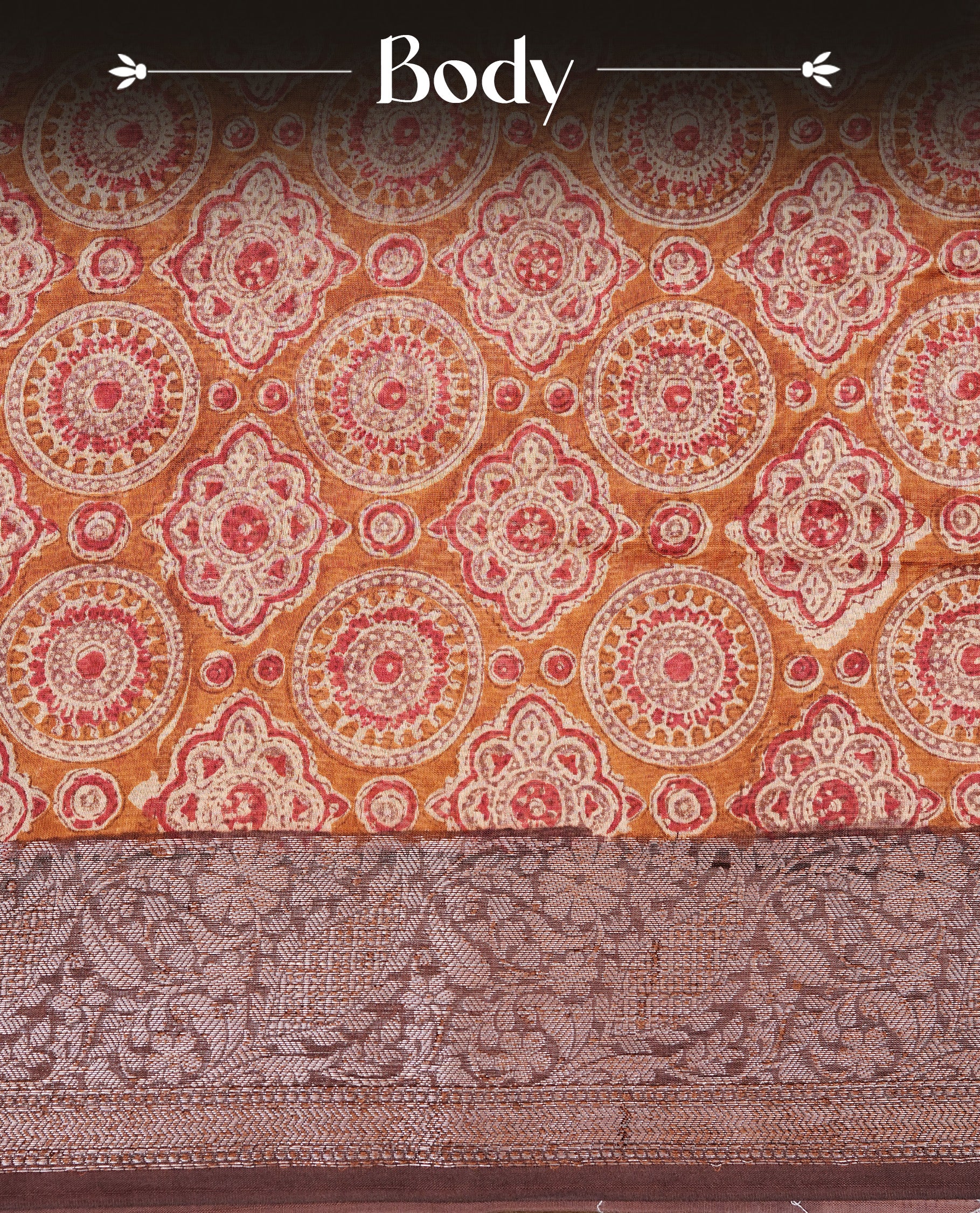Brown colour Chanderi silk saree featuring Print on body, complemented by Brown colour with Antique zari border, paired with matching blouse piece.