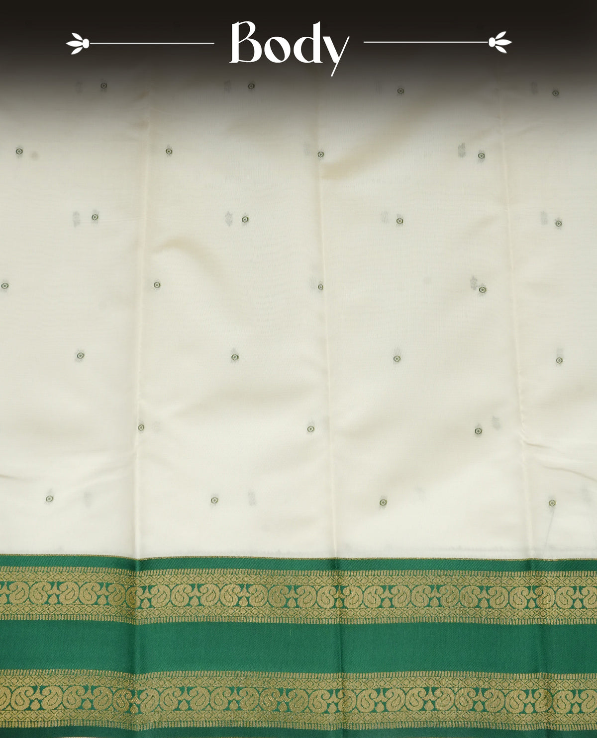 Off White  Colour Semi Silk Saree Featuring  Green thread buttas On Body, Highlighted  by contrast border with Mango motifs, paired with matching blouse piece.