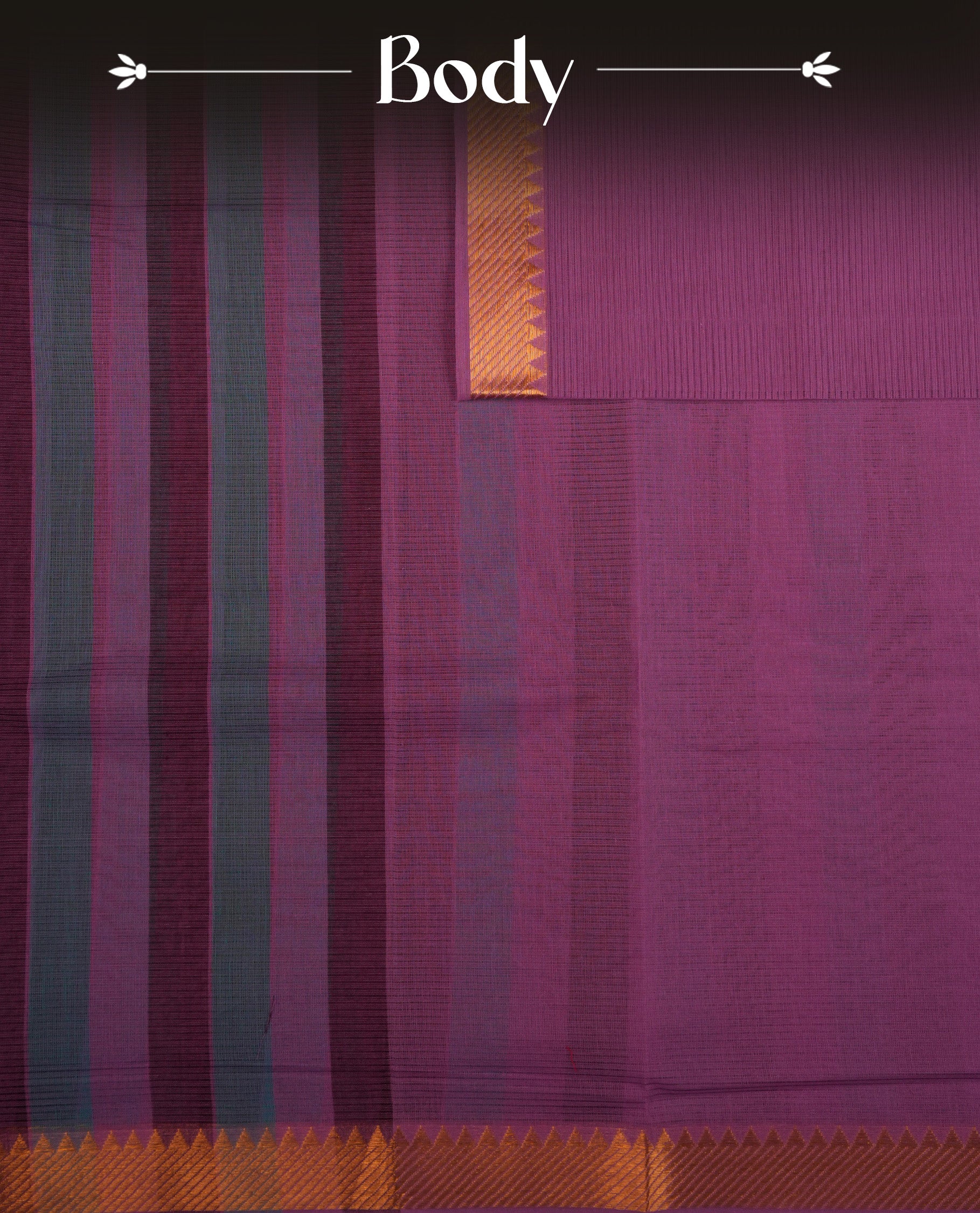 Teal Green,Purple  & Lavender Colour Mangalagiri Cotton Featuring Contrast stripes On Body, Complemented By Gold Zari border & Contrast Pallu ,Paired With Matching Blouse Piece.