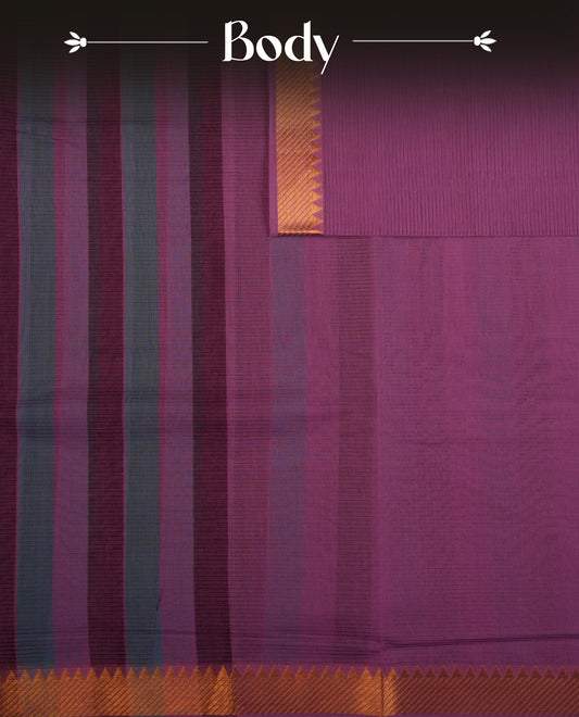 Teal Green,Purple  & Lavender Colour Mangalagiri Cotton Featuring Contrast stripes On Body, Complemented By Gold Zari border & Contrast Pallu ,Paired With Matching Blouse Piece.