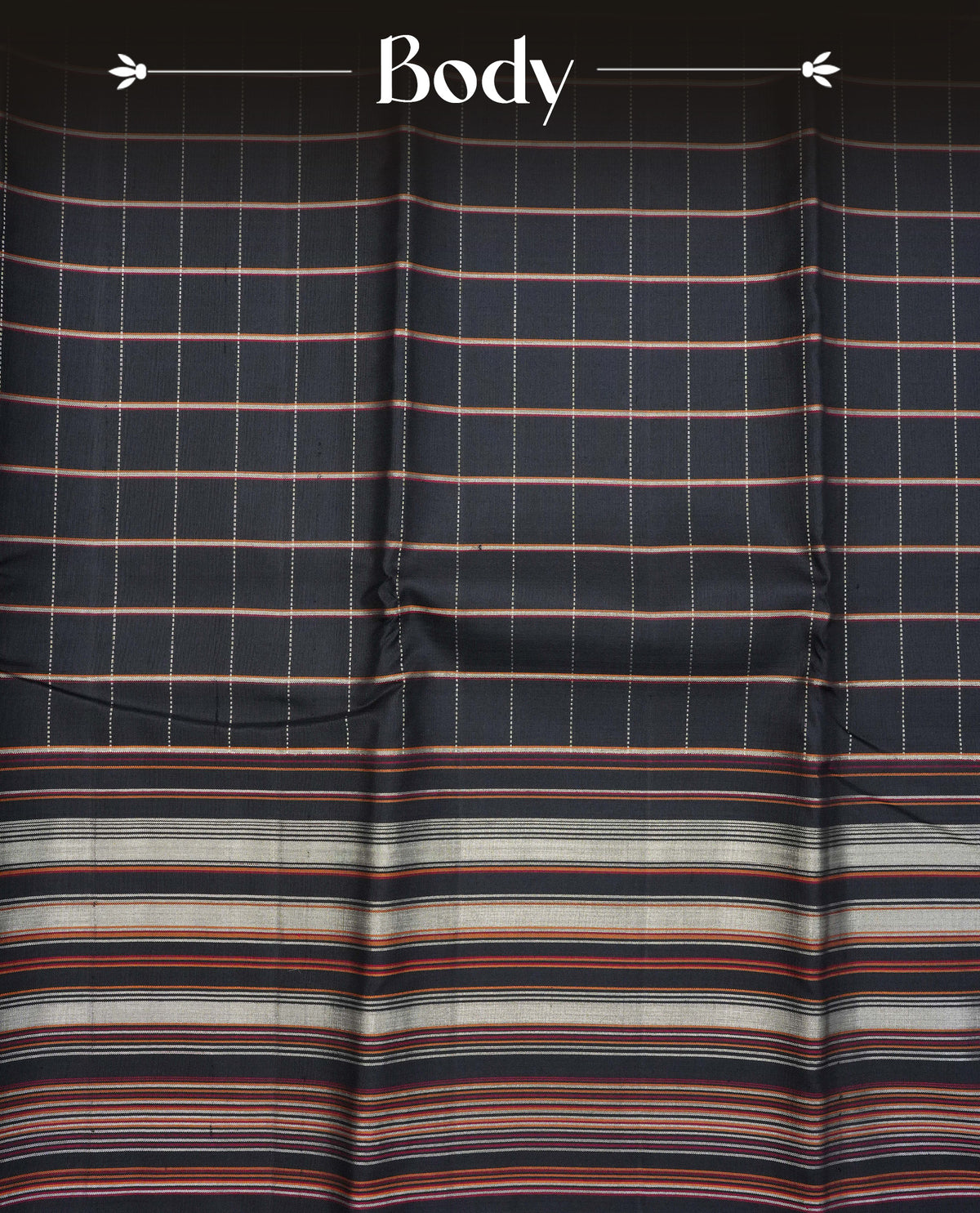 Black colour traditional kancheepuram silk saree featuring Check pattern on body, complemented by self colour with Strip border, comes with matching blouse piece.