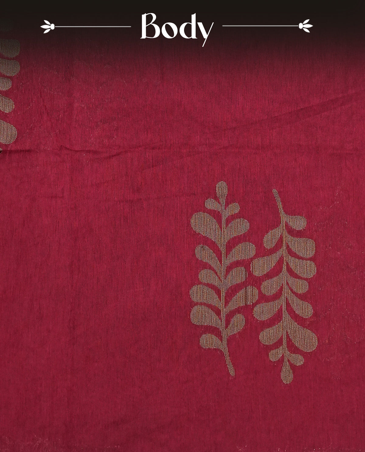 Dark Red colour semi linen saree with elegant gold zari Leaf motifs across the body, complemented by a contrast green colour with grand gold zari pallu and a borderless design, paired with a matching blouse piece.