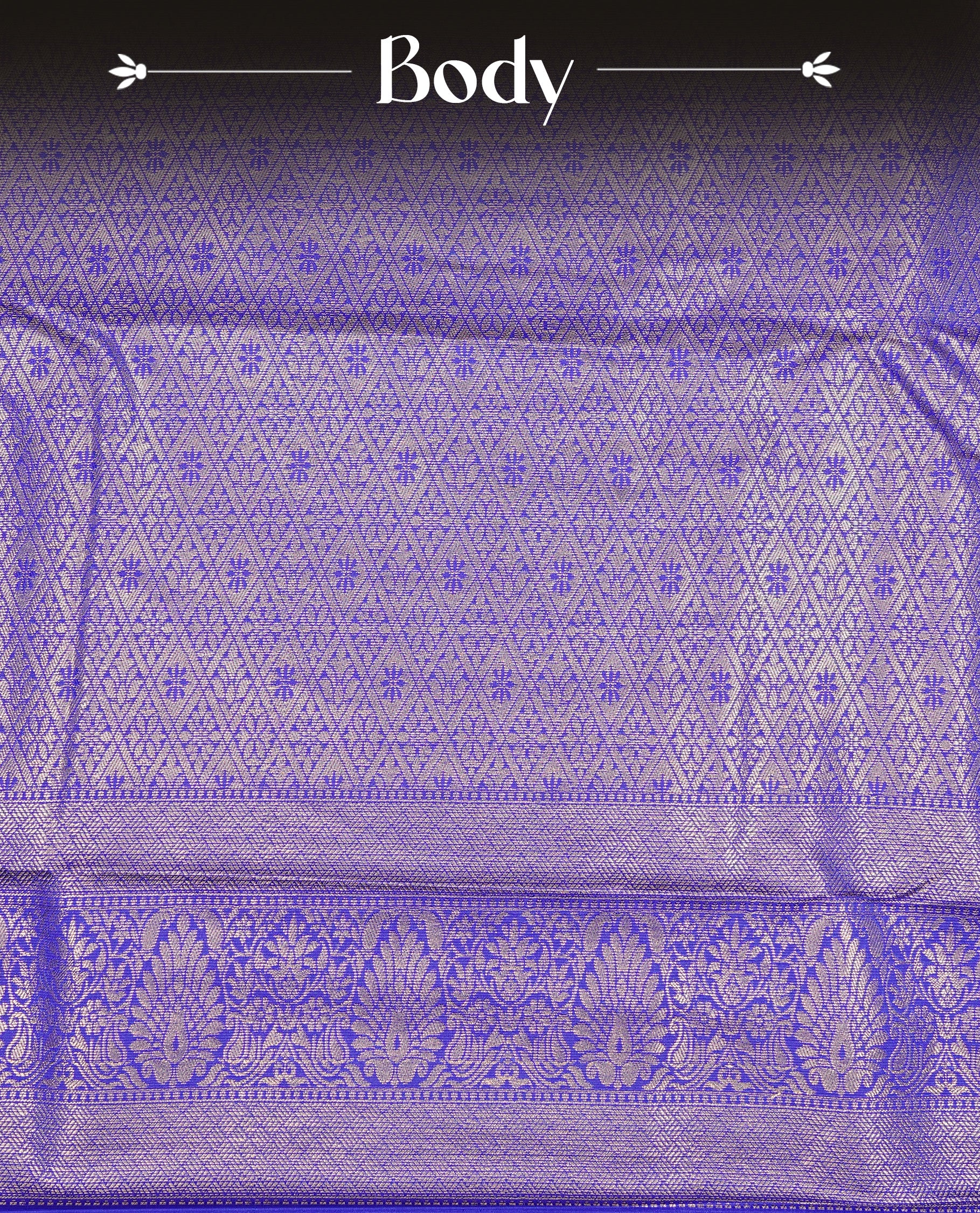 Indigo Colour Wedding Silk Saree Featuring Gold zari Floral kodi pattern on body, complemented by traditional Zari pattern on self colour border, paired with matching blouse piece.