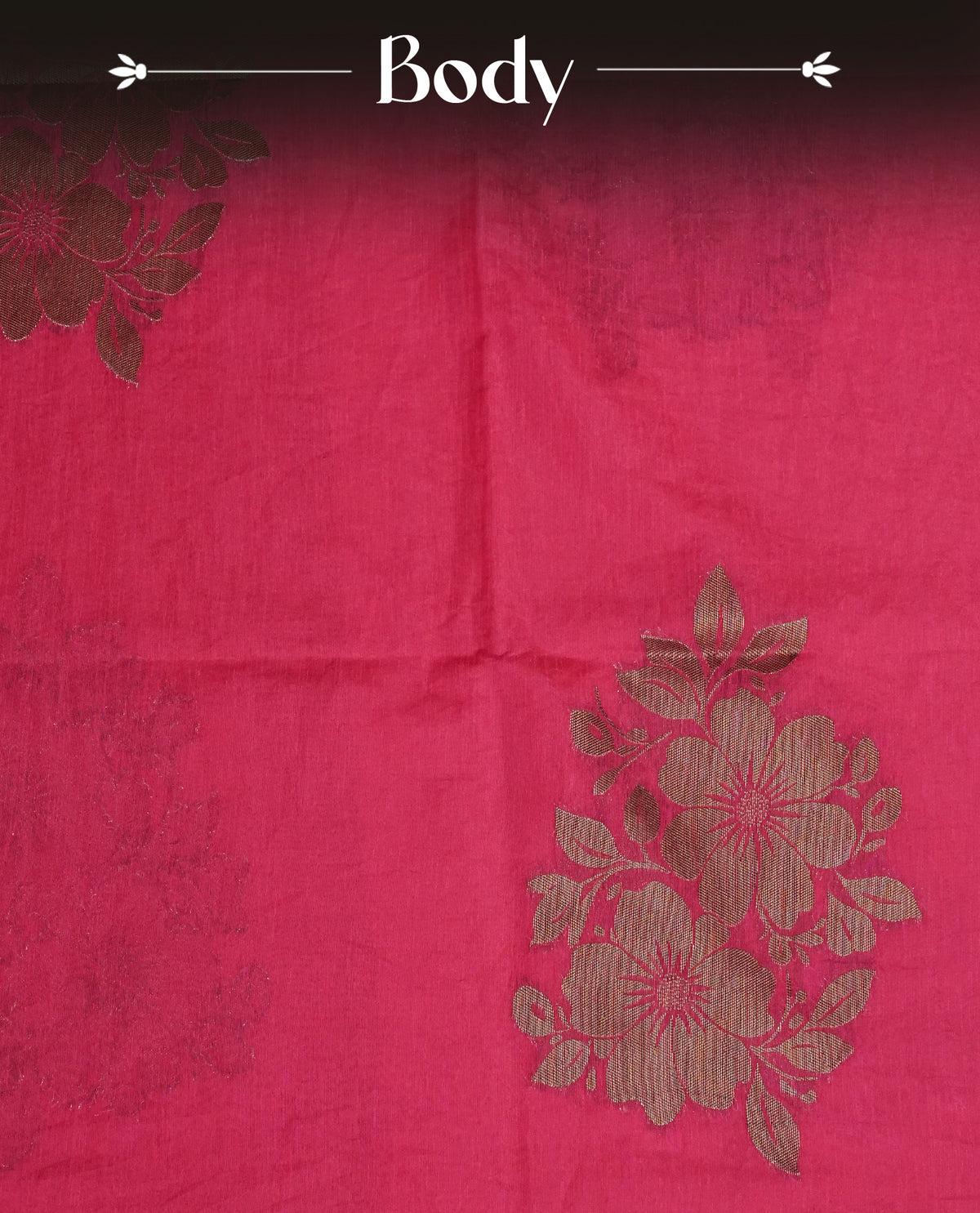 Pink  colour semi linen saree with elegant gold zari floral motifs across the body, complemented by a contrast colour with grand gold zari pallu and a borderless design, paired with a matching blouse piece.