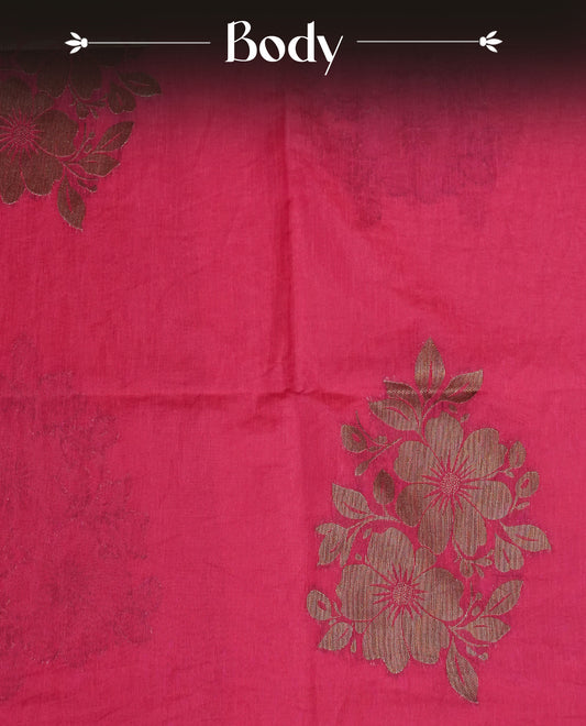 Pink  colour semi linen saree with elegant gold zari floral motifs across the body, complemented by a contrast colour with grand gold zari pallu and a borderless design, paired with a matching blouse piece.