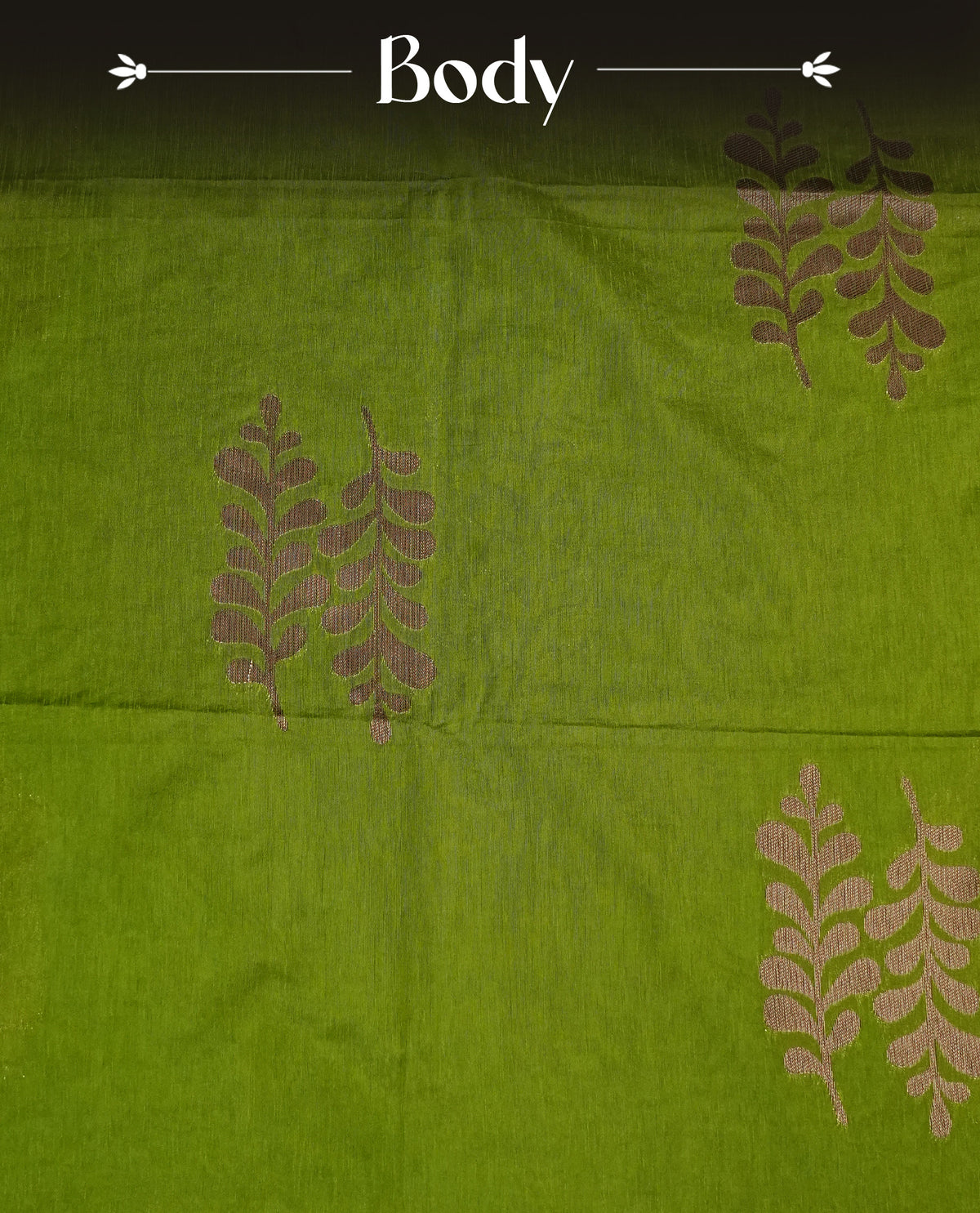 Green colour semi linen saree with elegant gold zari leaf motifs across the body, complemented by a contrast  wine colour with grand gold zari pallu and a borderless design, paired with a matching blouse piece.