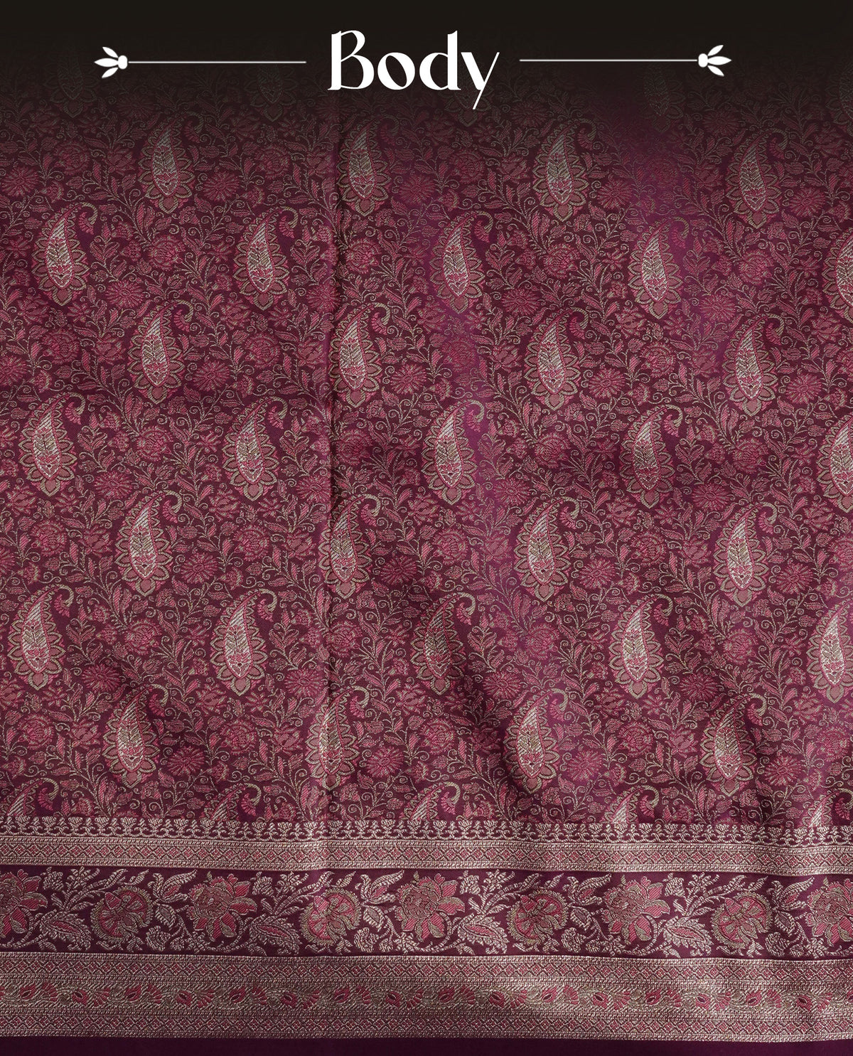 Deep purple colour Mulberry silk saree featuring gold zari Mango & floral kodi pattern across body, complemented by self colour border with gold zari work, comes with matching blouse piece.