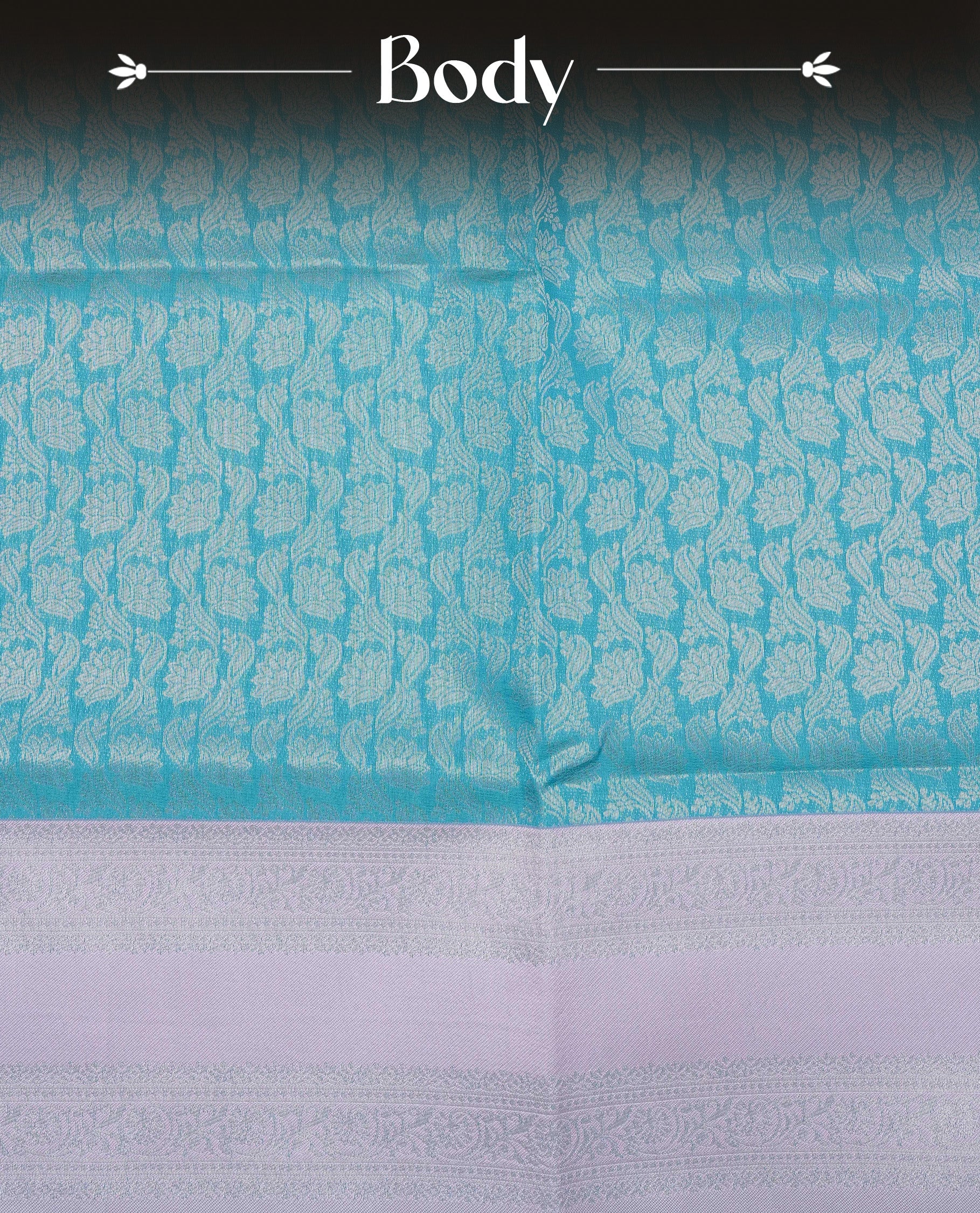Aqua colour semi silk saree featuring Silver zari Floral pattern on body, complemented by contrast Lavender colour with silver zari border, comes with matching blouse piece.