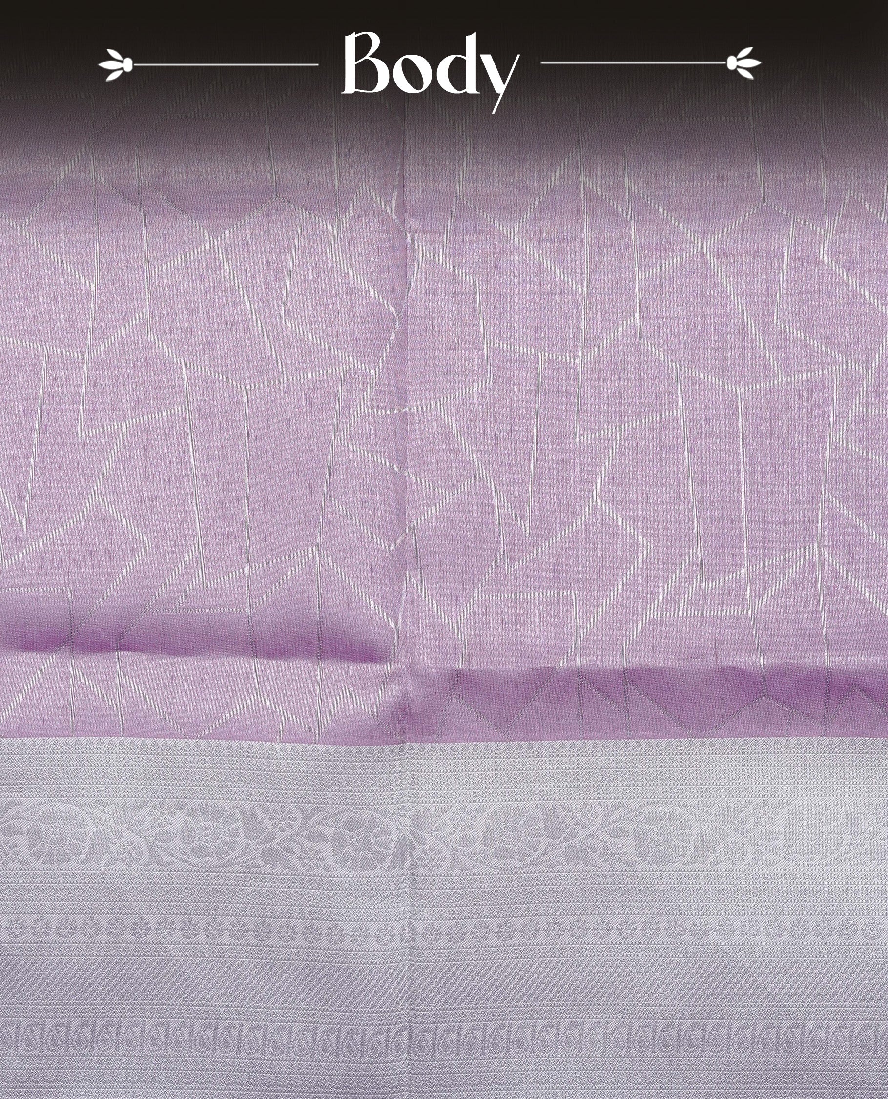 Light purple colour semi silk saree featuring Silver zari Geometric pattern on body, complemented by contrast Lavender colour with silver zari border, comes with matching blouse piece.