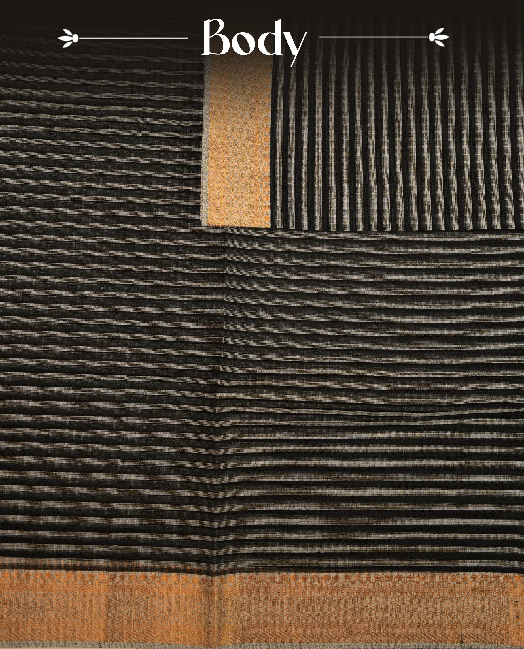 Black  Colour Mangalagiri cotton saree featuring elegant Grey stripes Across The Body , a Two Inch Gold  zari border & Gold Zari Pallu, Paired With a matching blouse piece.