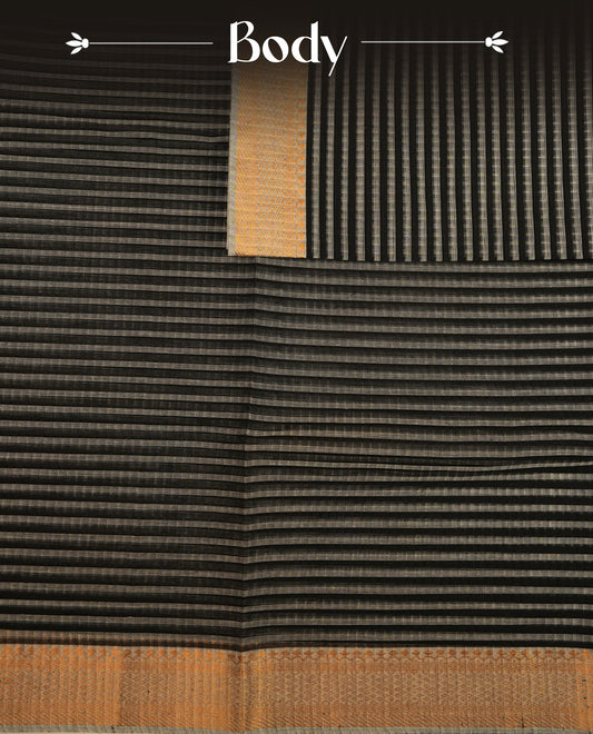 Black  Colour Mangalagiri cotton saree featuring elegant Grey stripes Across The Body , a Two Inch Gold  zari border & Gold Zari Pallu, Paired With a matching blouse piece.