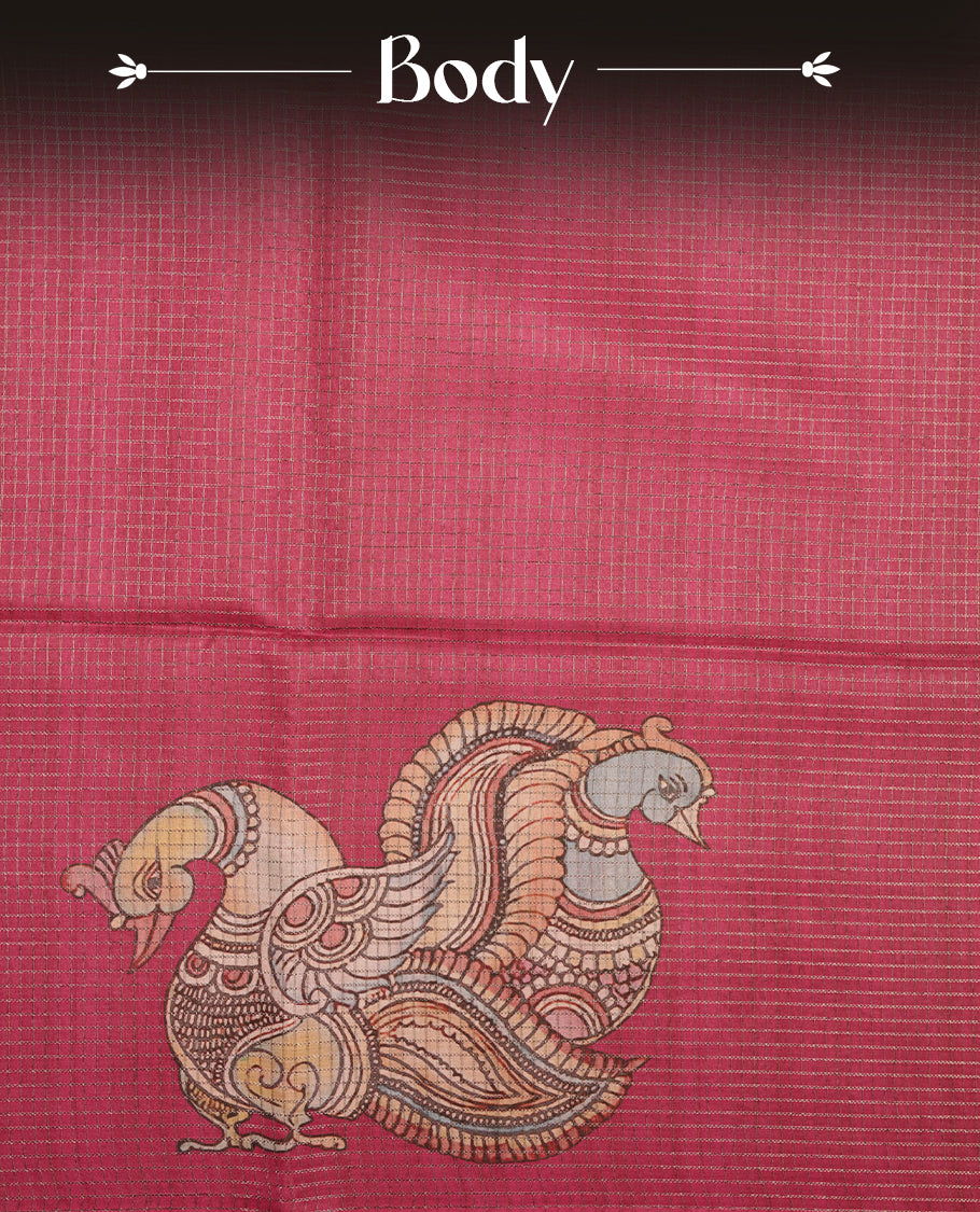 Dark Pink colour semi-tussar silk saree featuring intricate peacock motifs on the pallu, subtle zari check pattern across the body, floral vine prints throughout, finished with tassels and paired with a matching printed blouse piece.