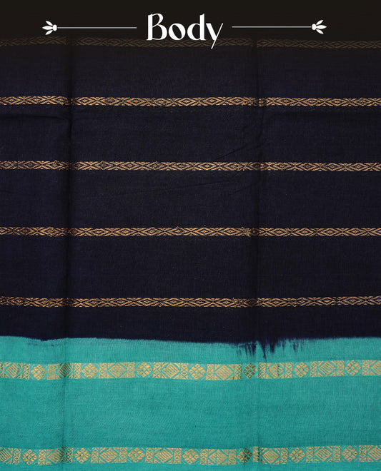 Navy blue colour colour Sungudi cotton saree featuring elegant gold zari stripes on the body, complemented by a contrast teal with gold zari border and pallu, paired with a matching blouse piece