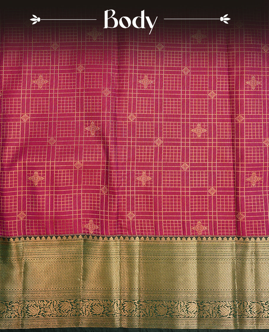 Purple colour semi wedding saree featuring gold zari motif on check pattern on body, complemented by contrast Green with traditional border, paired with matching blouse piece.