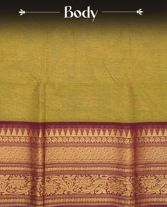 Olive colour chettinad cotton saree featuring elegant plain body, Contrast maroon colour with Gold zari border, comes with matching blouse piece.