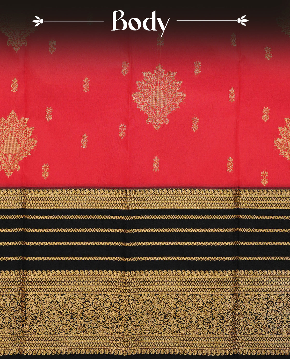 Red colour soft silk saree featuring gold zari motifs & buttas on body, contrast black colour traditional border, grand pallu comes with matching blouse piece.