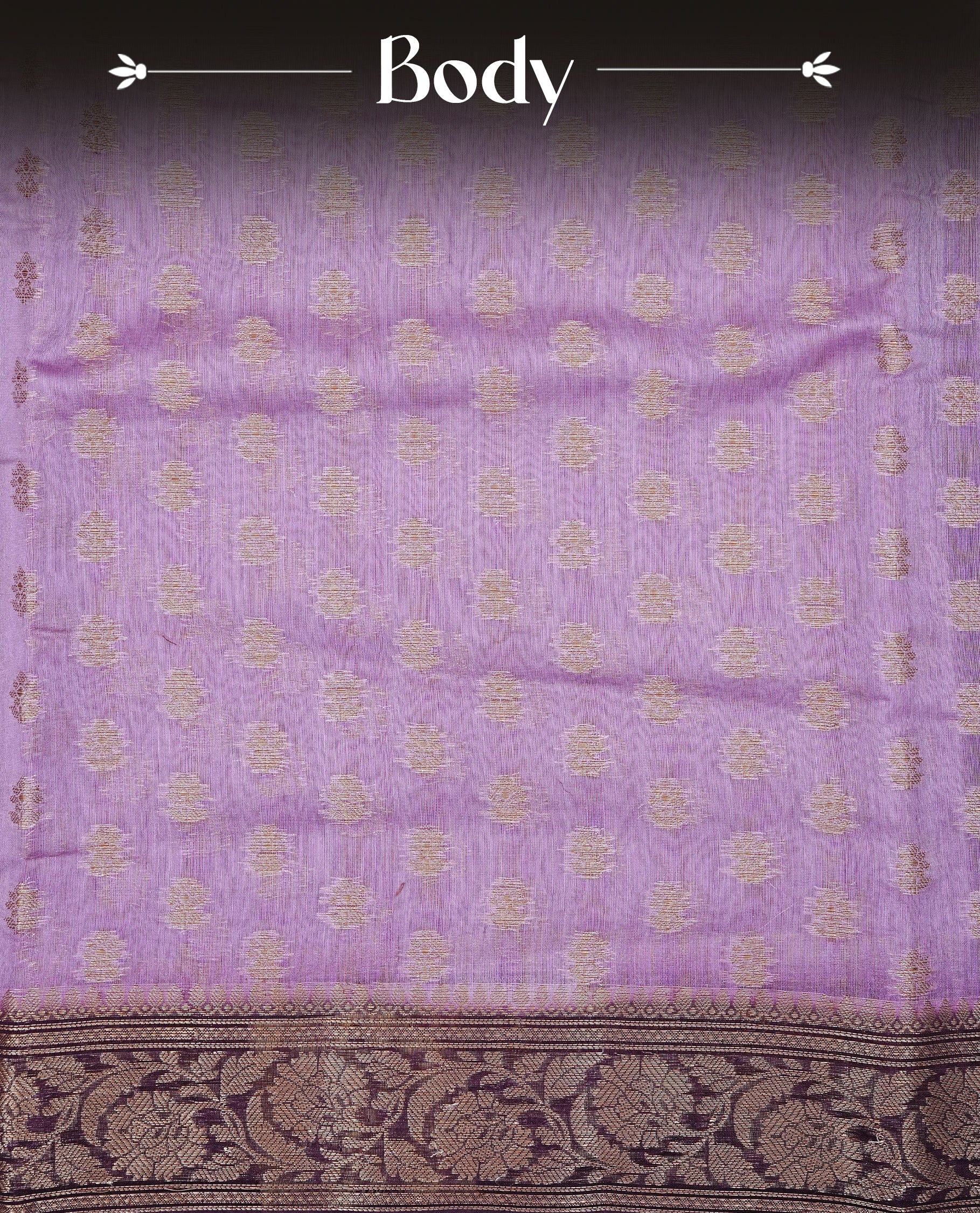 Lavender  Colour Tussar Silk saree with antique zari butta motifs On body, a Maroon floral zari border, a rich zari pallu, and Paired With a matching blouse piece.