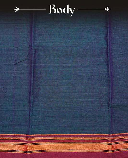 Peacock Blue colour Narayanapattu cotton saree with a plain body, complemented by a wine Colour with border with elegant gold zari detailing and a contrast striped pallu, paired with a matching blouse piece.