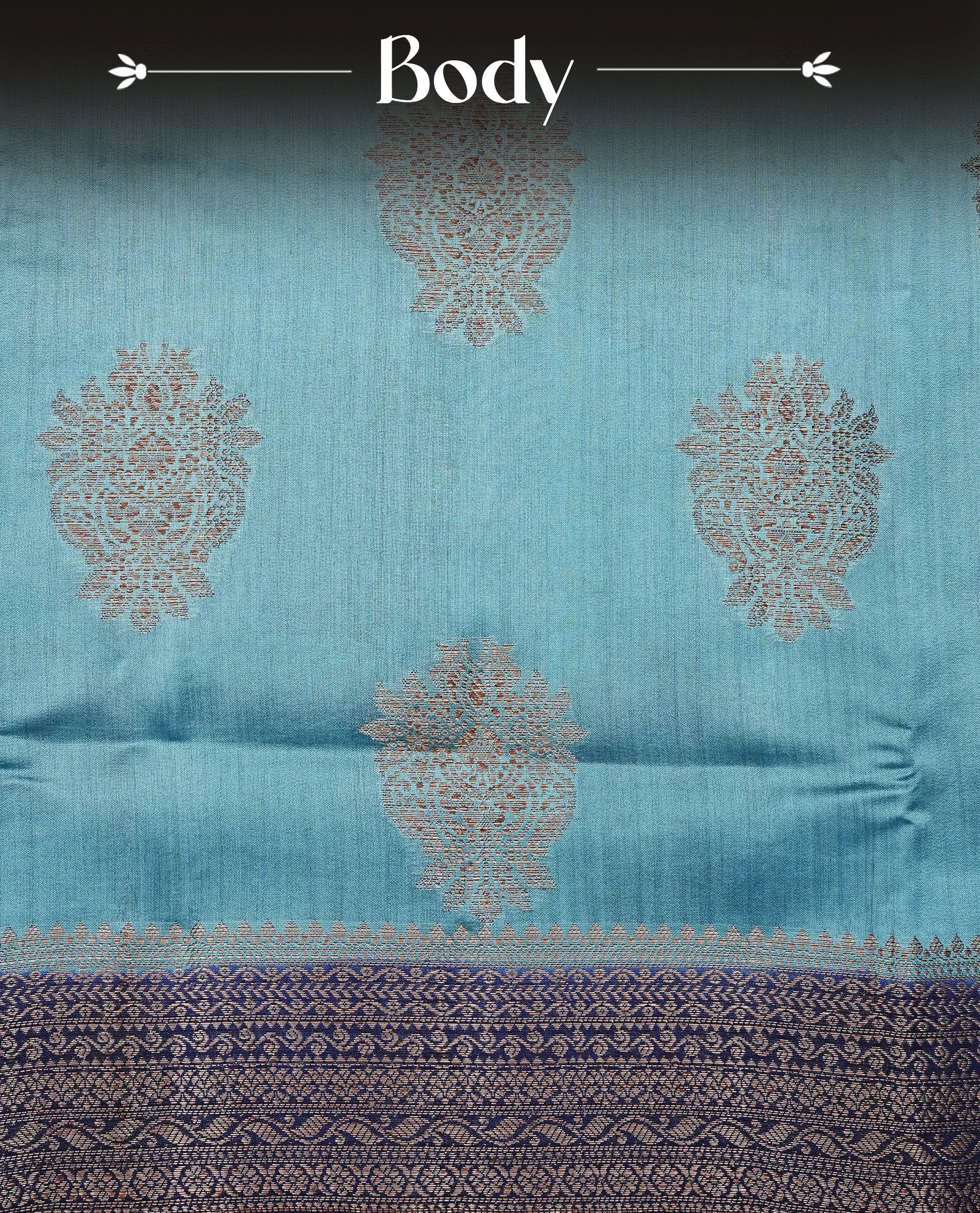 Pastel Aqua Colour Tussar Silk saree with elegant antique zari floral motifs On Body, a contrasting navy blue zari border, a rich zari pallu, Paired With a matching  blouse piece.