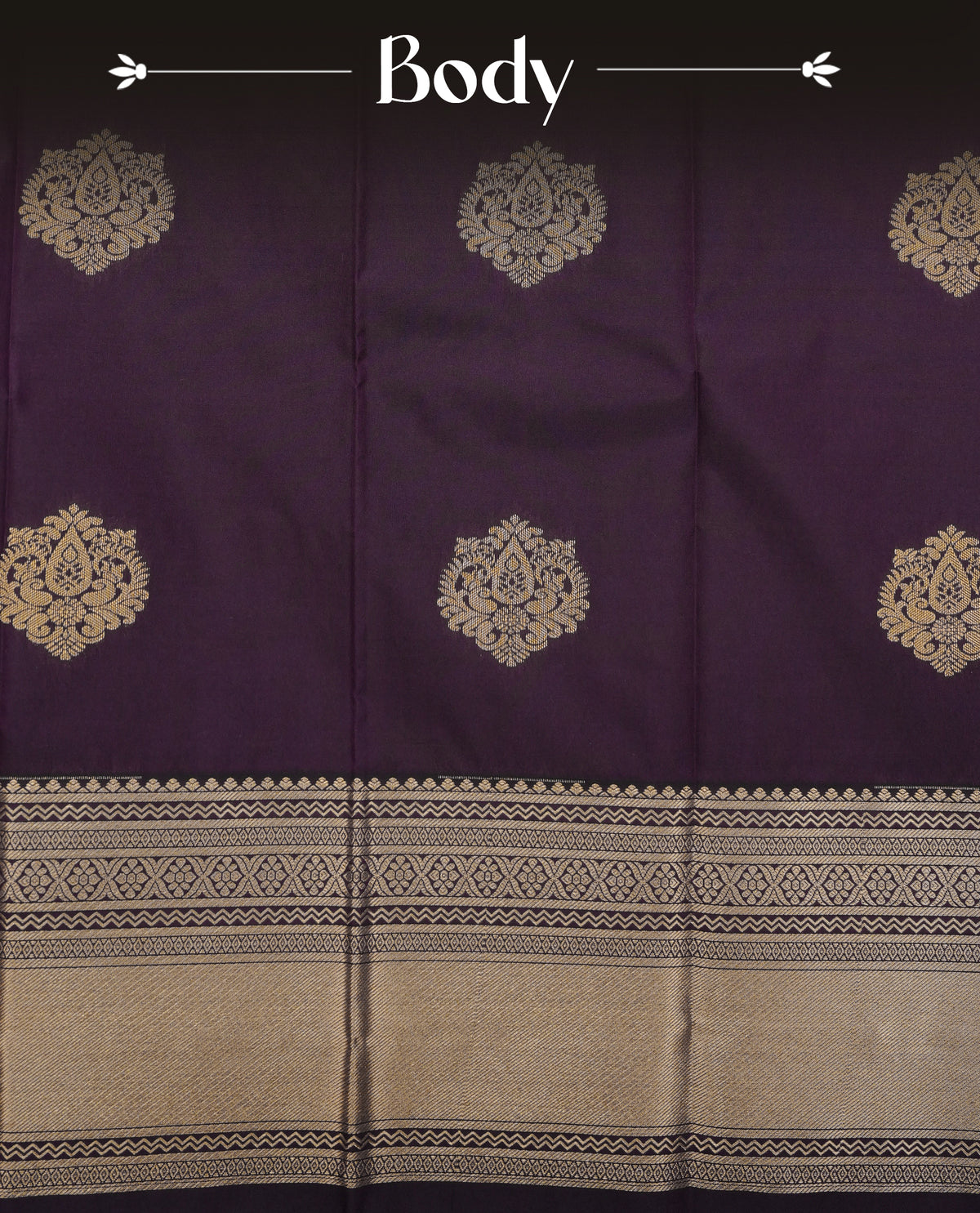 Deep purple colour soft silk saree featuring gold zari floral motifs on body, contrast self colour gold zari traditional border, grand pallu comes with matching blouse piece.