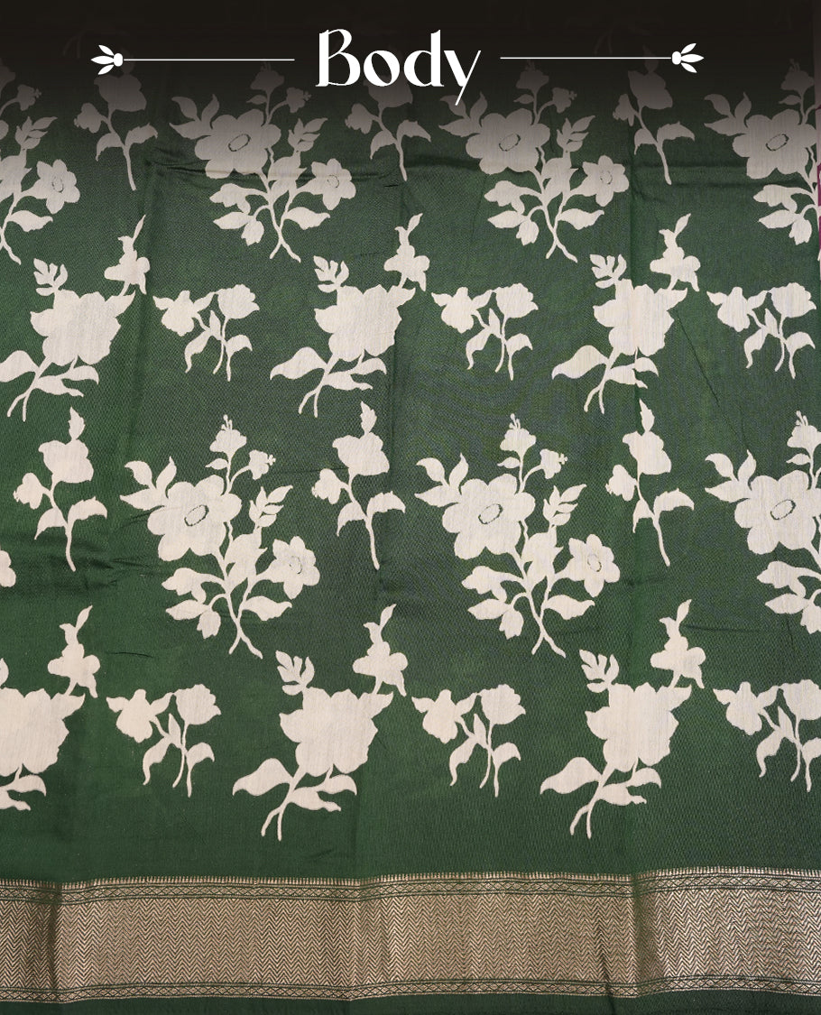 Green colour Viscos semi printed saree featuring a light golden zari border, abstract off white printed motifs on the body, and comes with a matching blouse