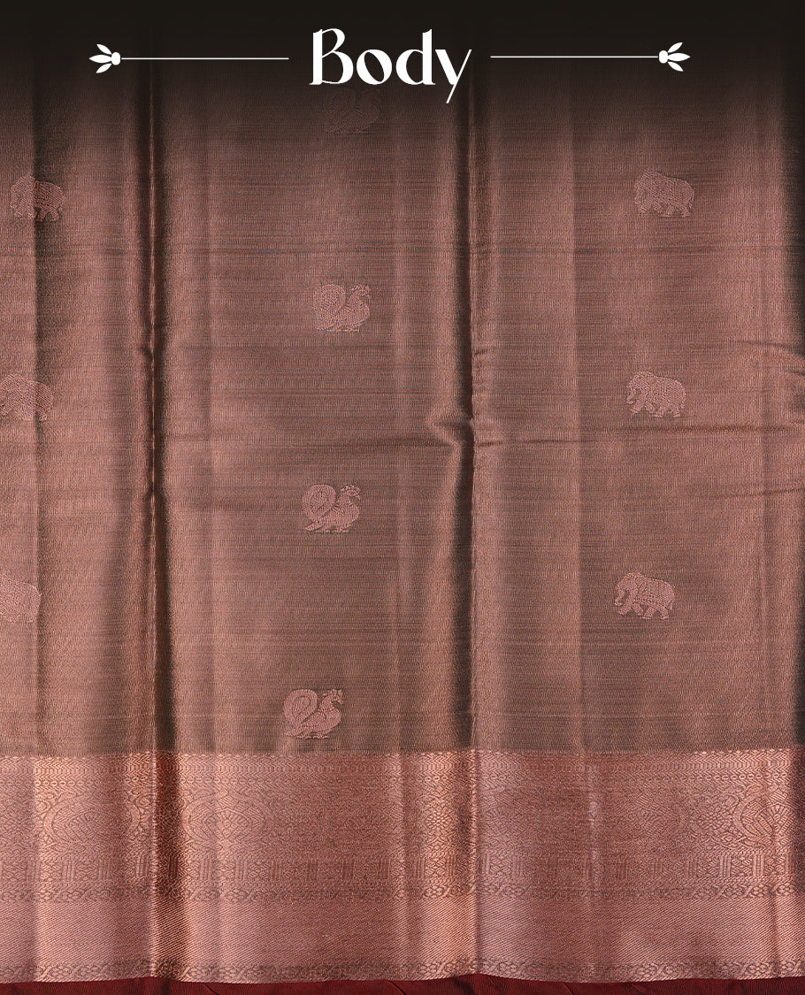 Green and copper double shade colour semi tissue silk saree featuring pattern on body, contrast Maroon colour with gold zari traditional border, paired with matching blouse piece.