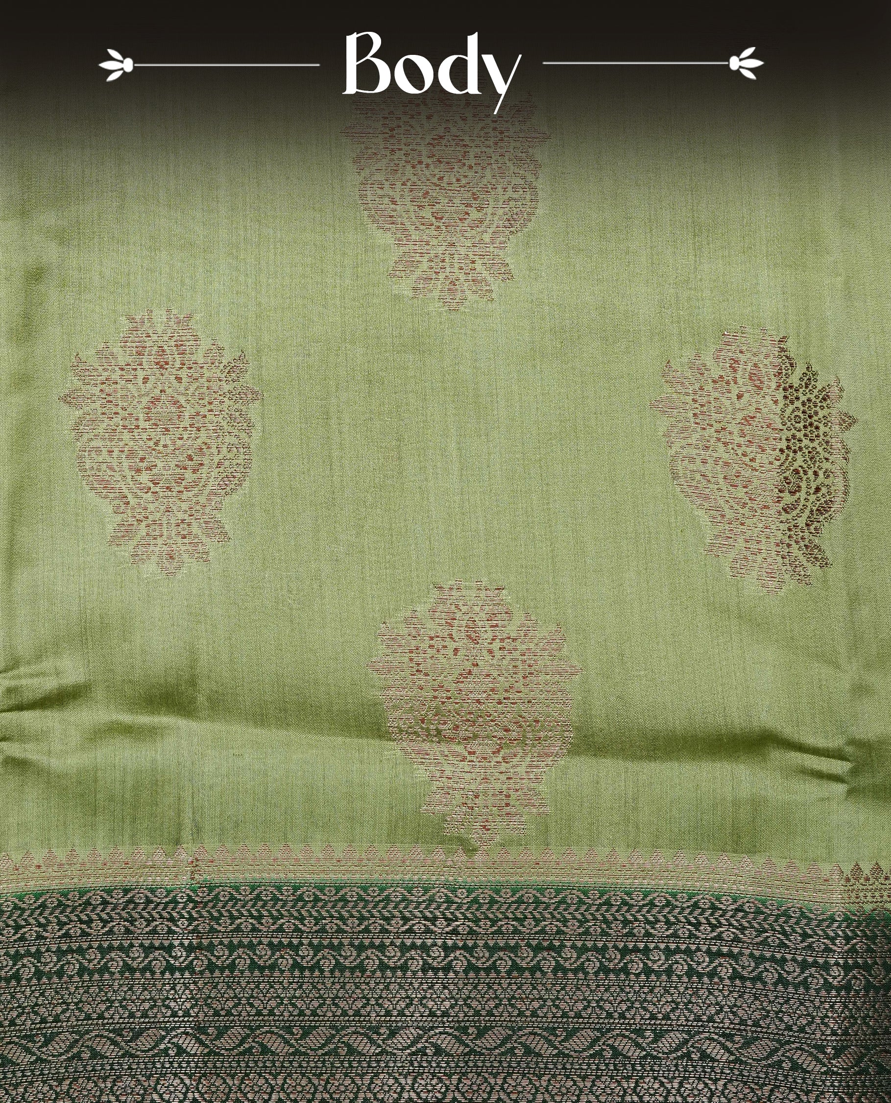 Pastel Pistachio Green Colour Tussar Silk saree with elegant antique zari floral motifs On Body, a contrasting dark green zari border, a rich zari pallu, and a matching blouse piece.