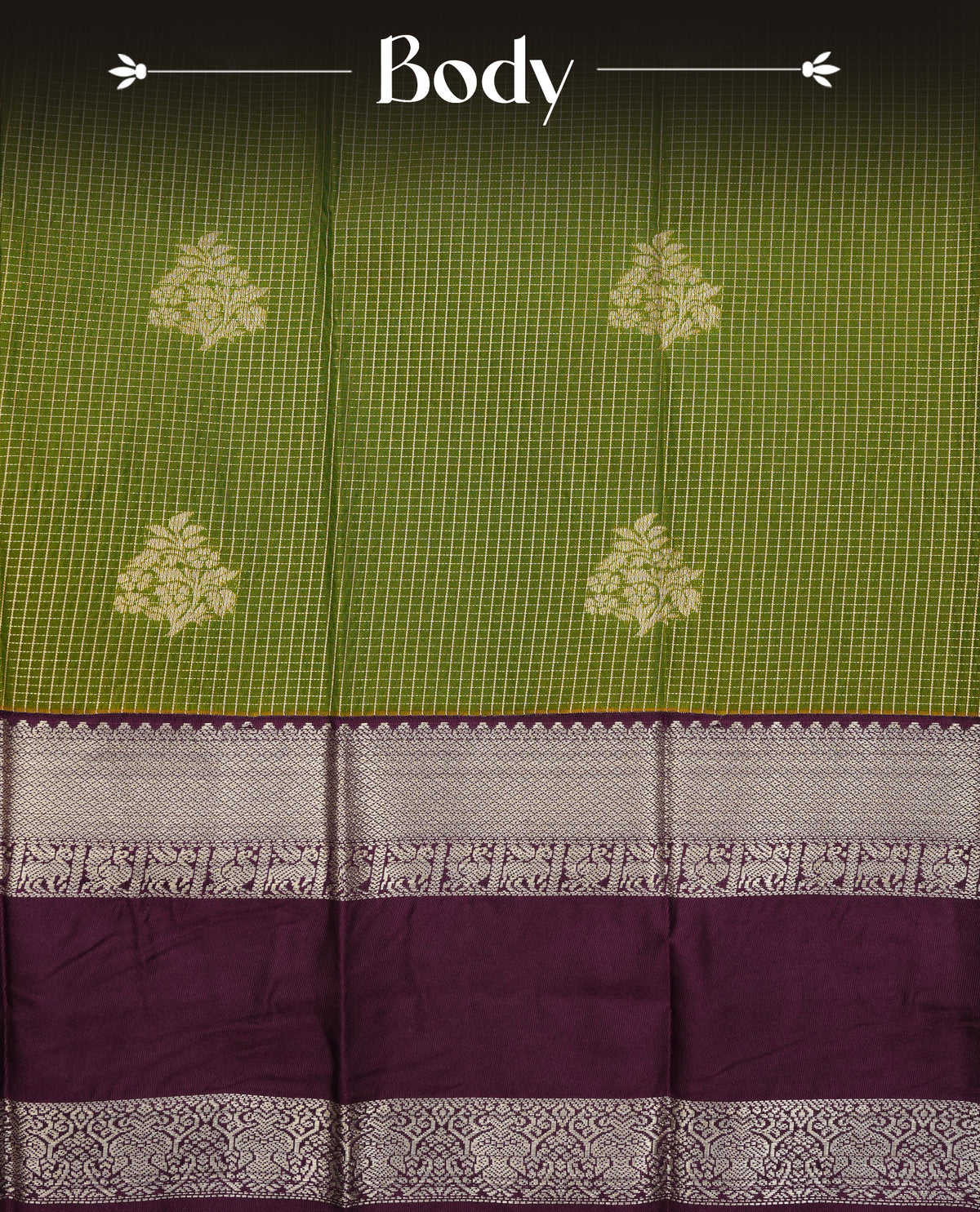 Mehndi Green colour silk saree featuring gold zari checks on body, contrast purple with gold zari traditional border, contrast grand pallu comes with matching blouse piece .