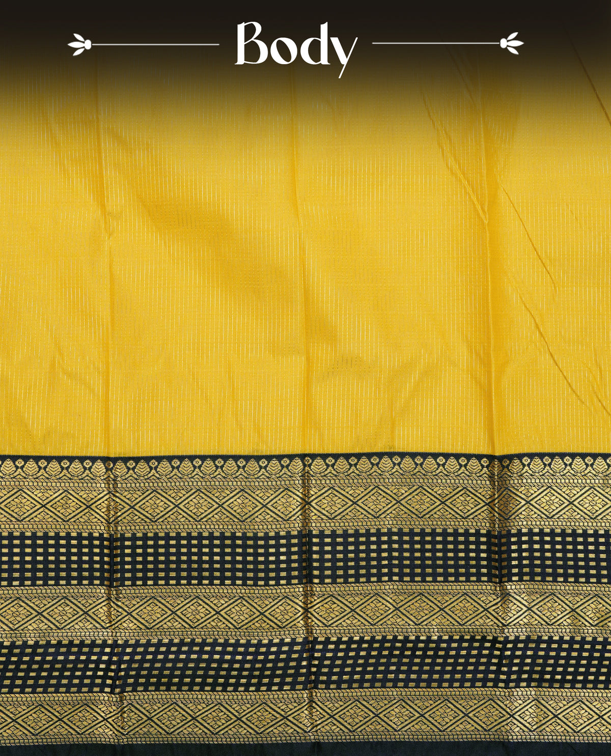 Mustard yellow colour silk saree featuring gold zari stipes on body, contrast navy blue with gold zari traditional border, contrast grand pallu comes with matching blouse piece .