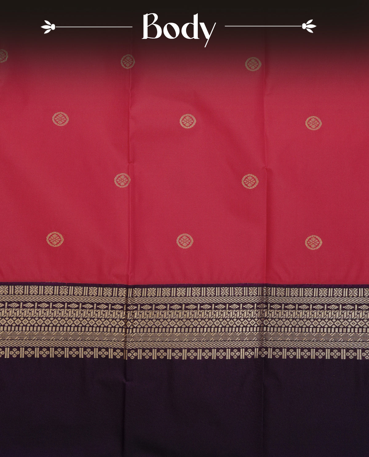 Red colour soft silk saree featuring gold zari buttas on body, contrast deep purple colour gold zari traitionl border, grand pallu comes with matching blouse piece.