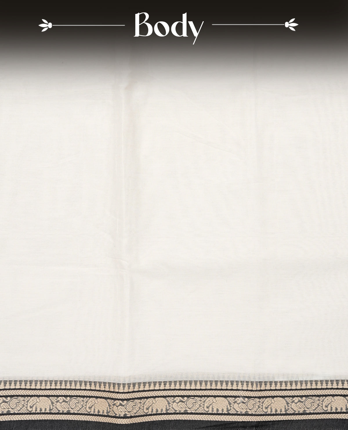 Off White colour Narayanapattu cotton saree with a plain body, complemented by a Black colour border featuring beige peacock and elephant motifs & a contrast pallu, paired with a matching blouse piece.
