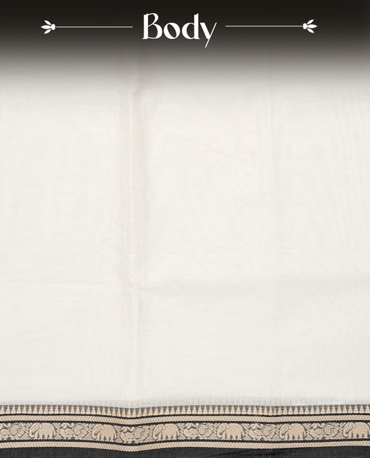 Off White colour Narayanapattu cotton saree with a plain body, complemented by a Black colour border featuring beige peacock and elephant motifs & a contrast pallu, paired with a matching blouse piece.