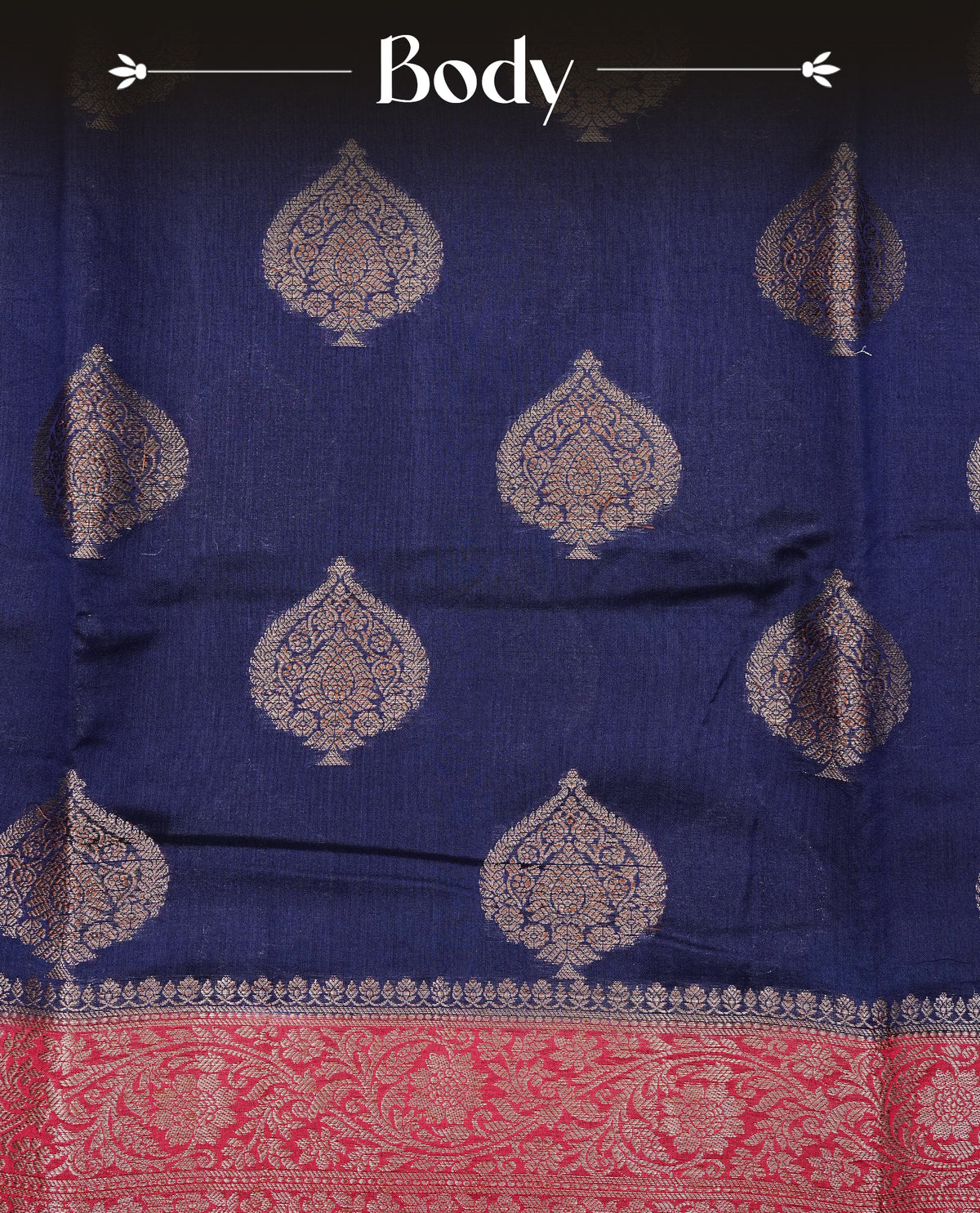 Navy blue colour banaras silk saree featuring gold zari motifs on body, complemented by contrast red colour with traditional border, comes with matching blouse piece.